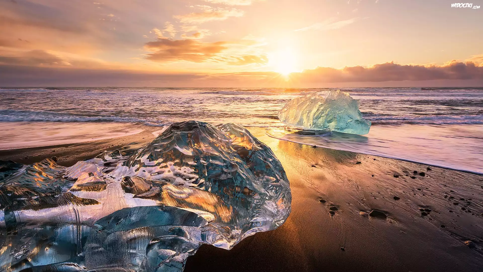 Islandia, Jezioro Jokulsarlon, Bryły, Lód, Zachód słońca