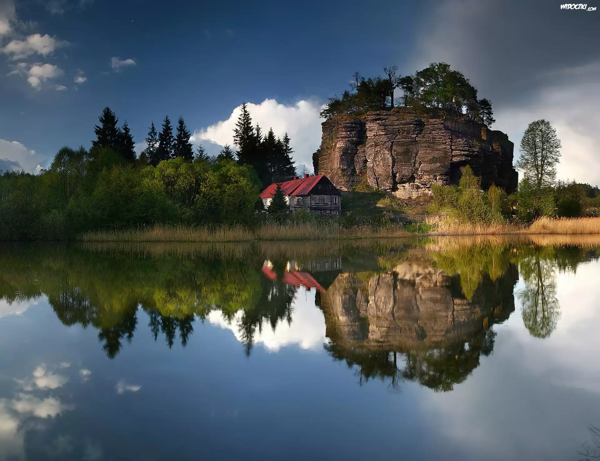Jezioro, Skała, Las, Dom