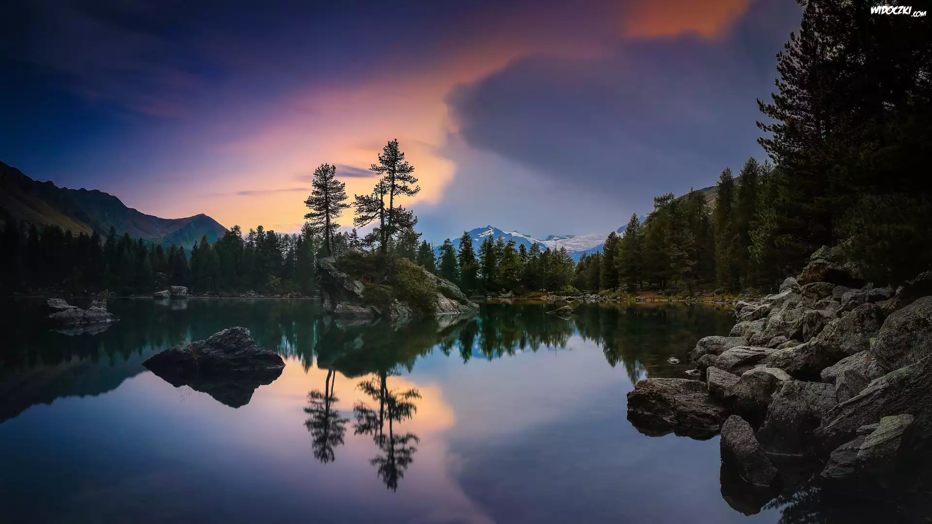 Szwajcaria, Pontresina, Jezioro Lago Nero, Góry Alpy Szwajcarskie, Drzewa, Odbicie, Kamienie