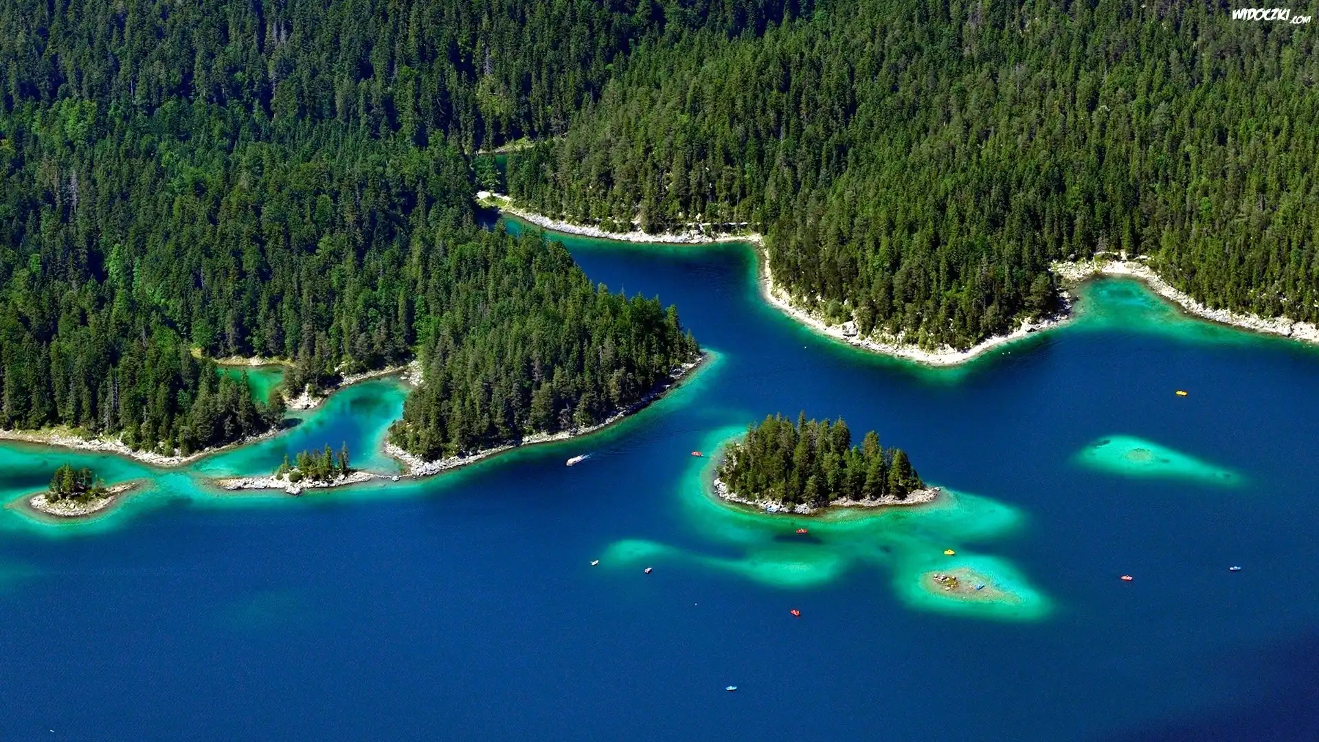 Jezioro, Eibsee, Bawaria, Niemcy, Lasy