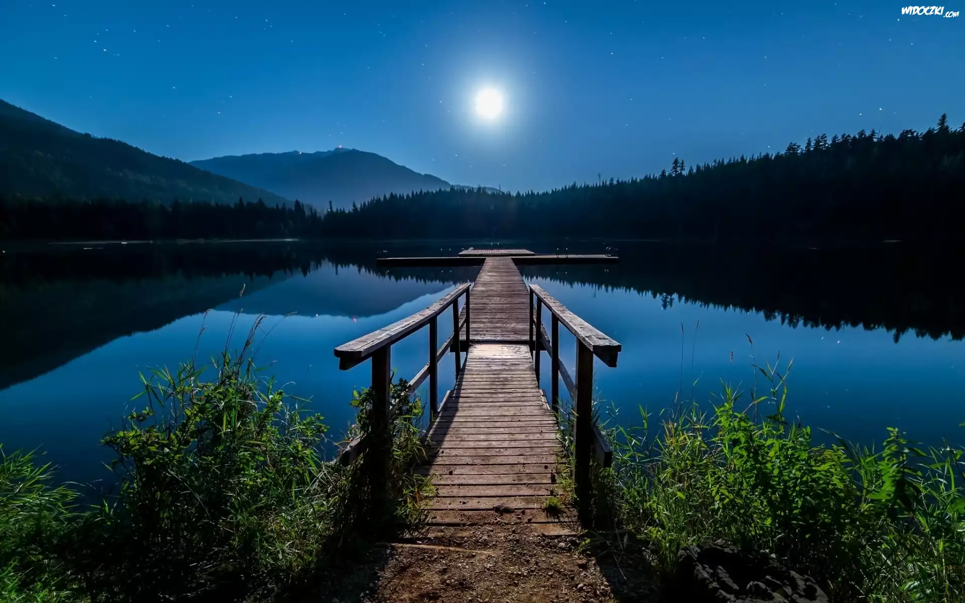 Jezioro, Lost Lake, Góry, Pomost, Noc, Księżyc, Whistler, Kolumbia Brytyjska, Kanada