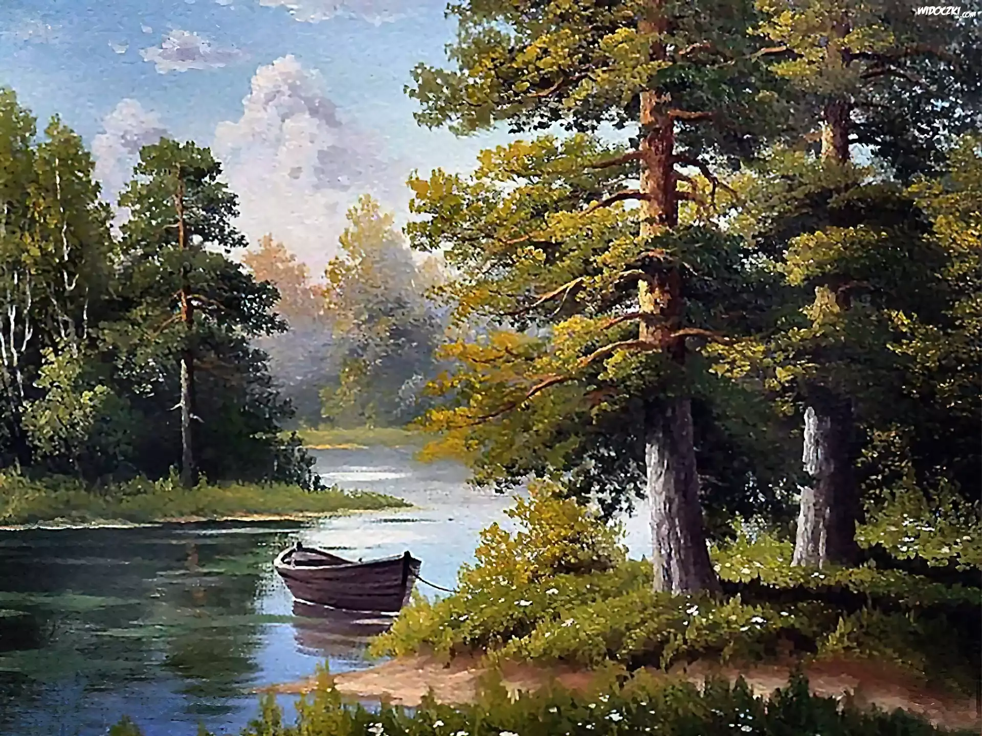 Jezioro, Las, Łódka, Malarstwo