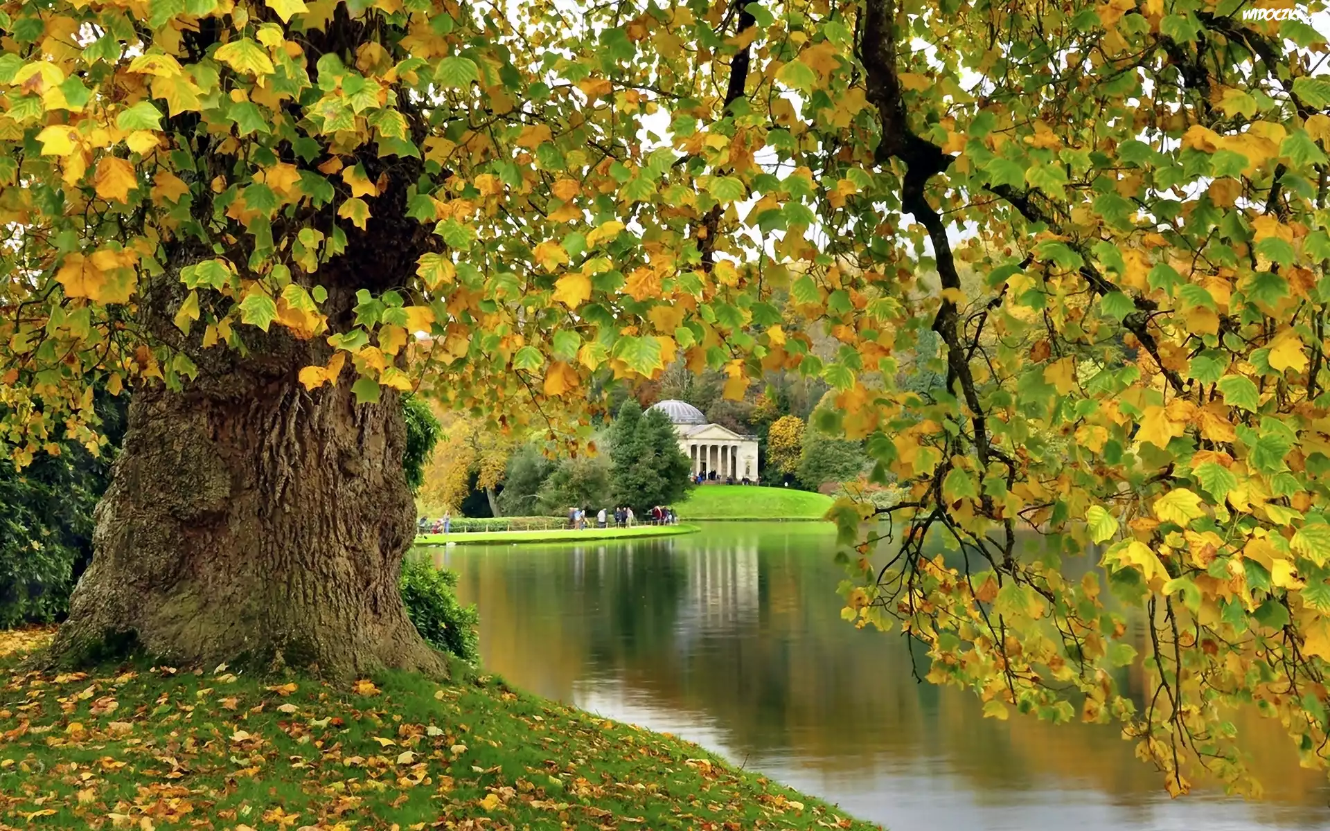 Park, Jezioro, Drzewa, Rezydencja, Stourhead, Anglia, Jesień