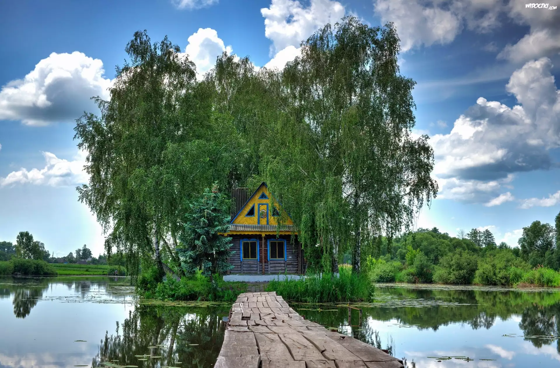 Jezioro, Drzewa, Dom, Pomost, Odbicie