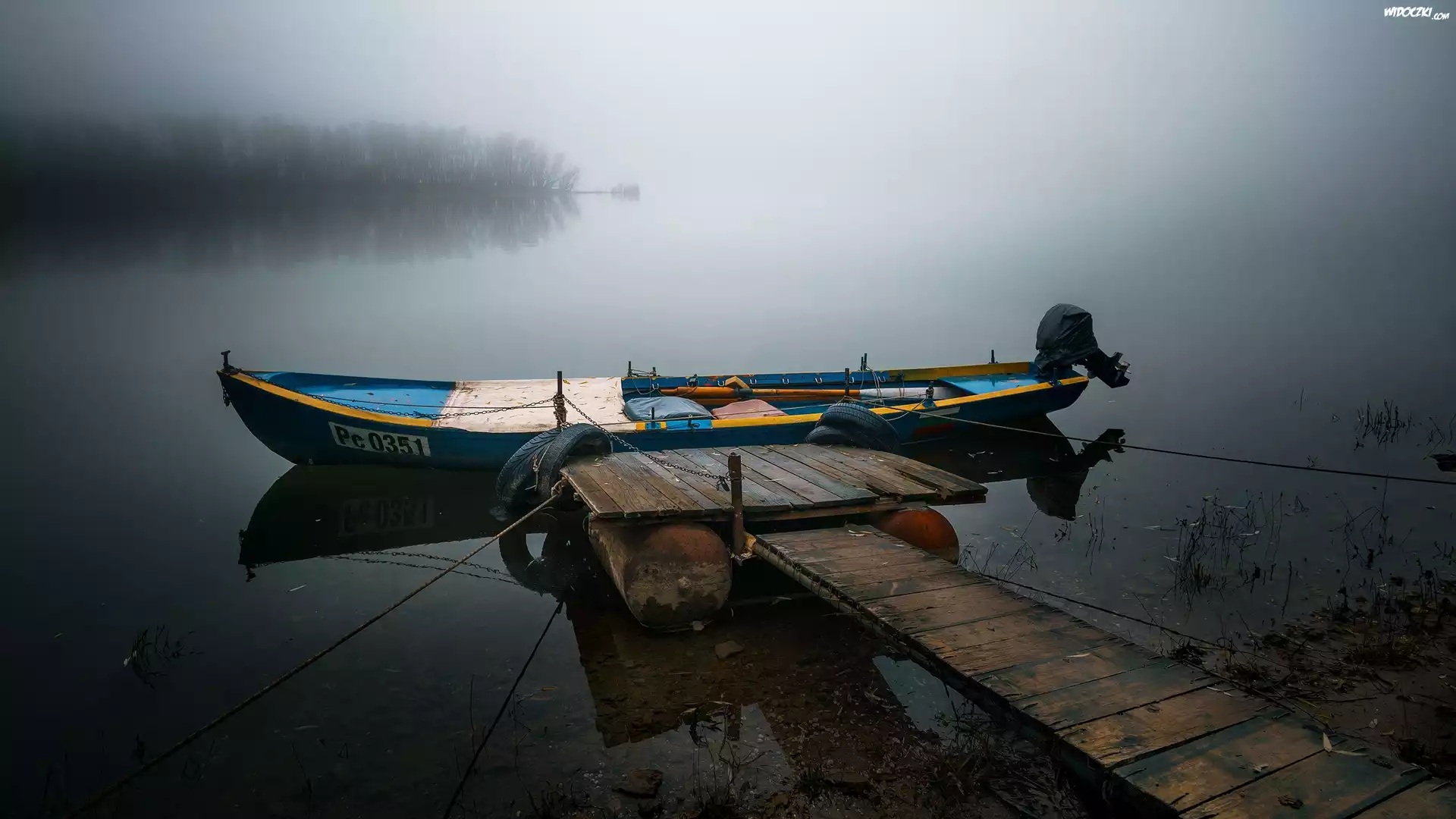 Jezioro, Mgła, Pomost, Łódka