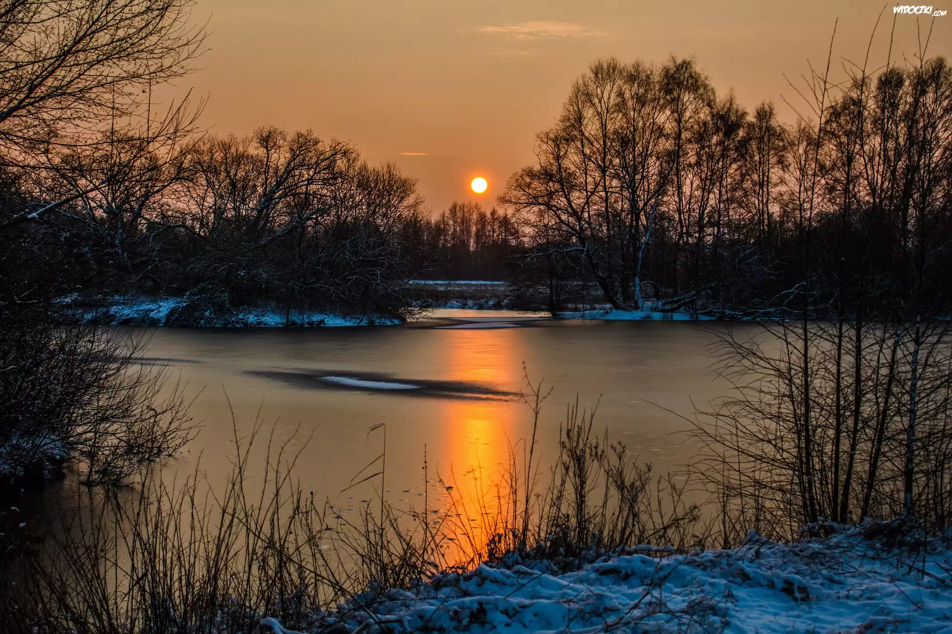 Jezioro, Drzewa, Zachód, Słońca, Śnieg