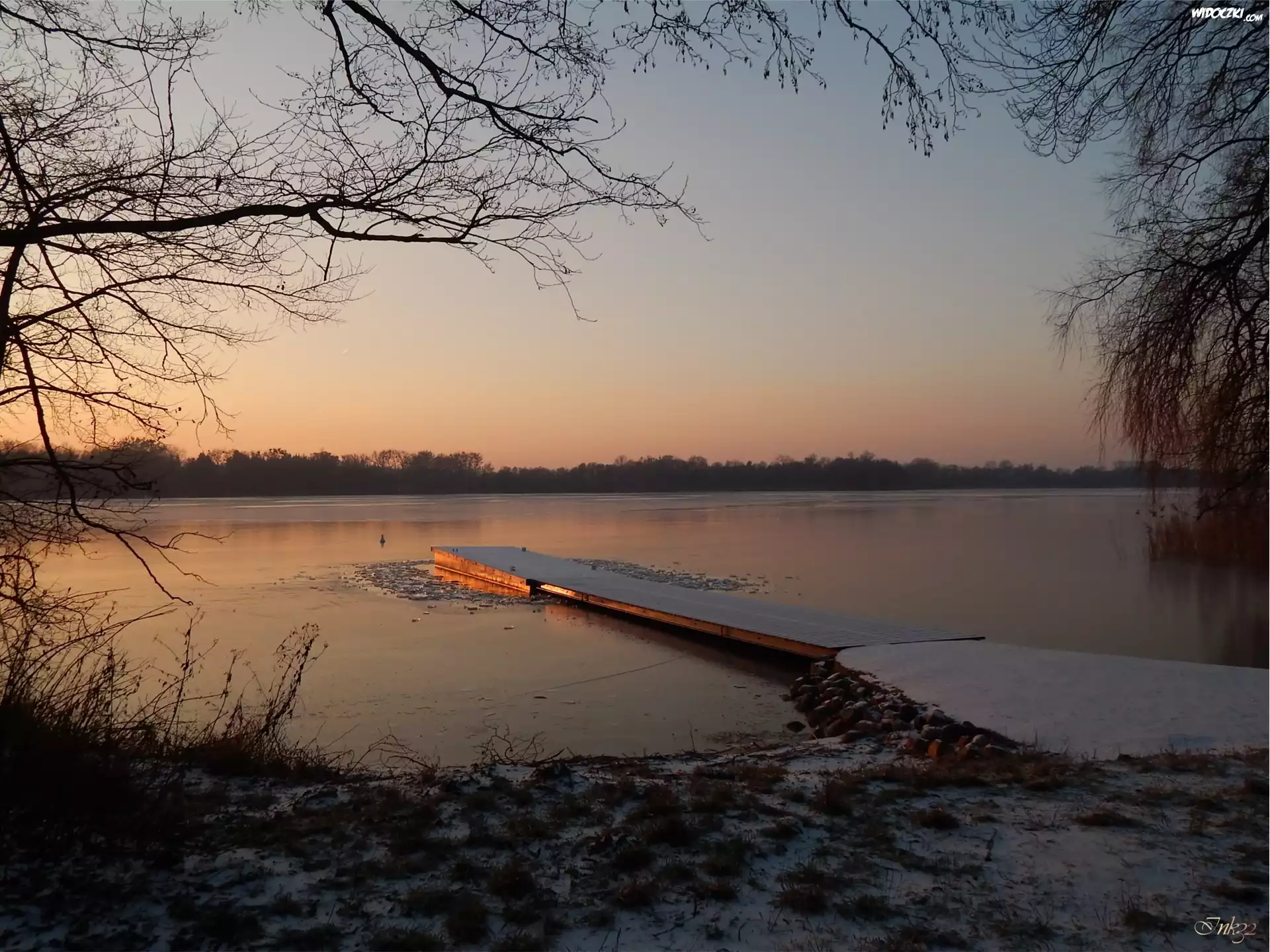 Jezioro, Pomost, Zachód, Słońca, Gałęzie