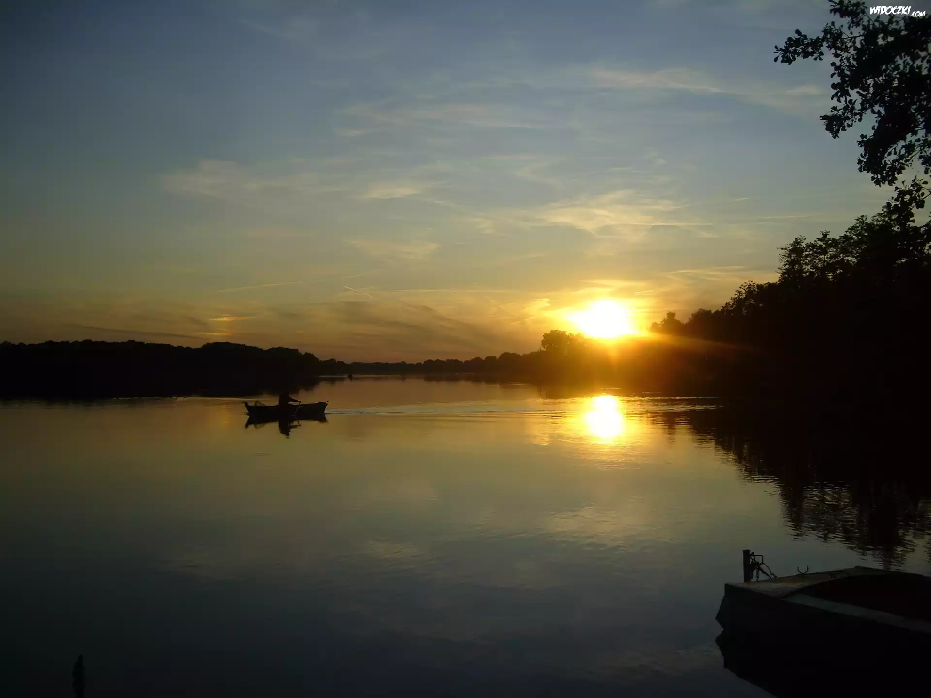 Jezioro, Zachód, Słońca, Wędkarz