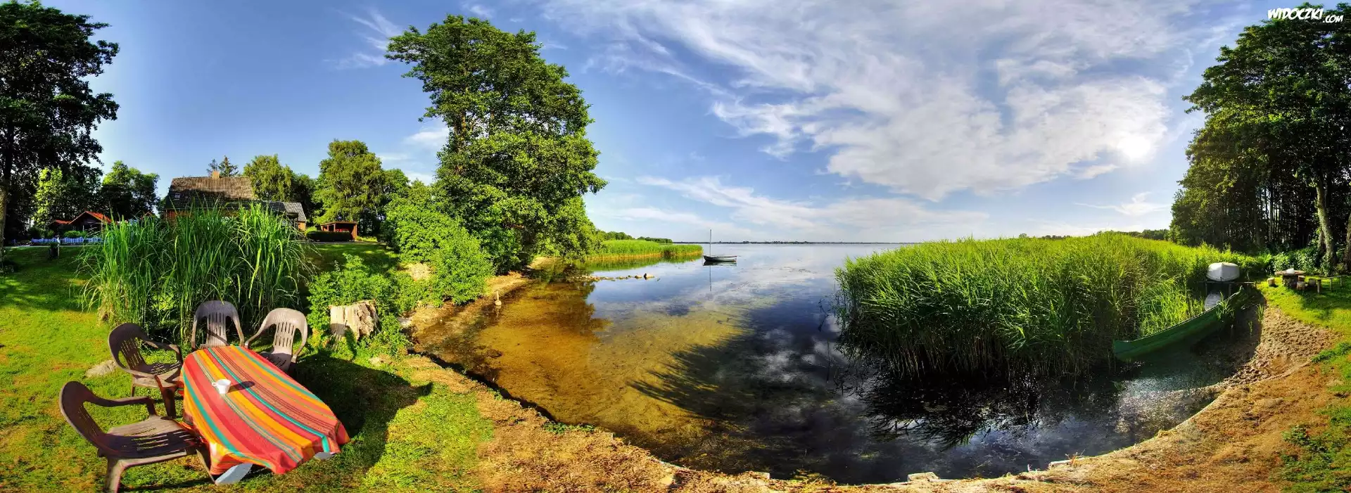 Jezioro, Drzewa, Stół, Stołki