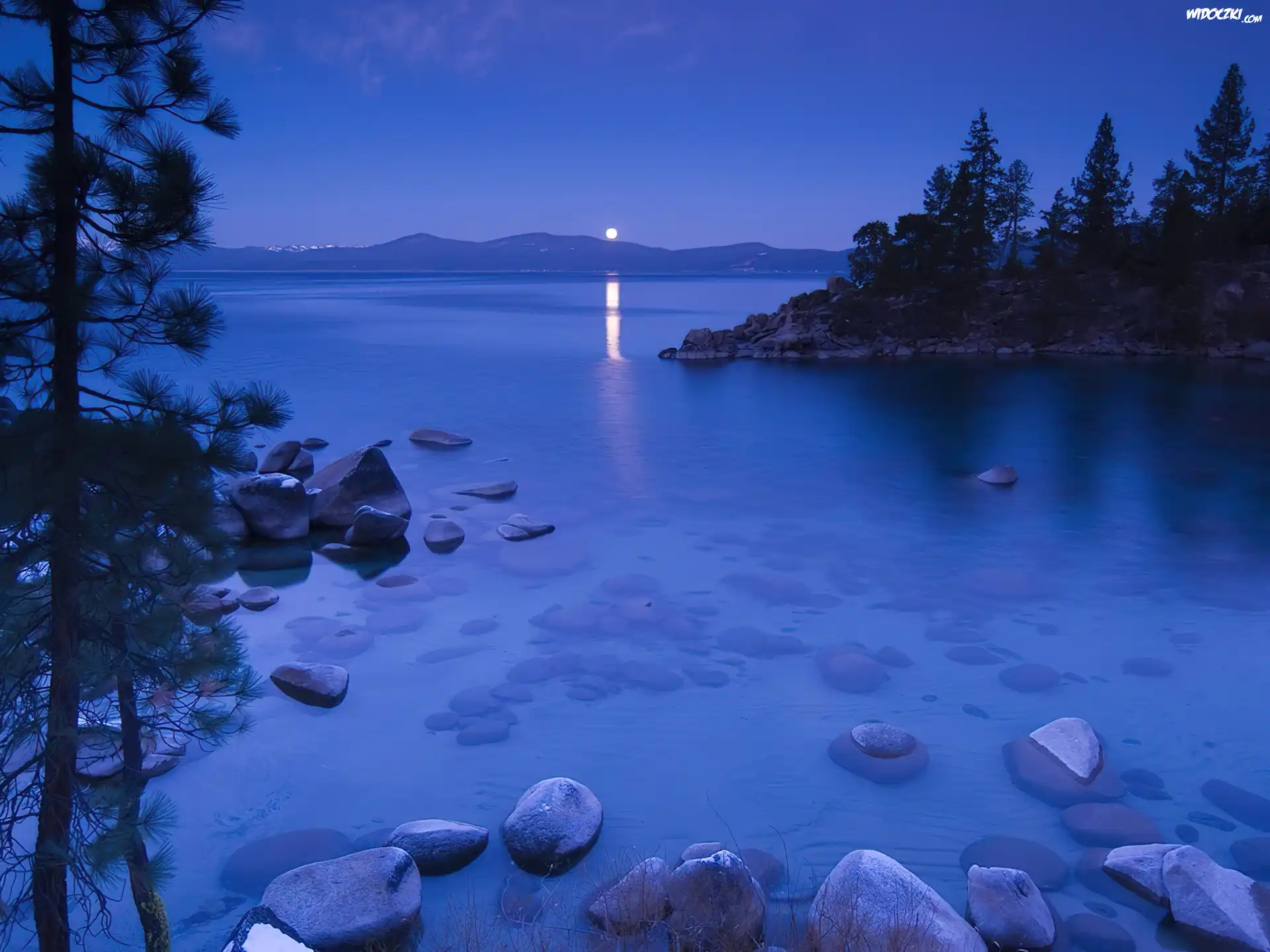 Jezioro, Kamienie, Drzewa, Noc, Tahoe, Kalifornia