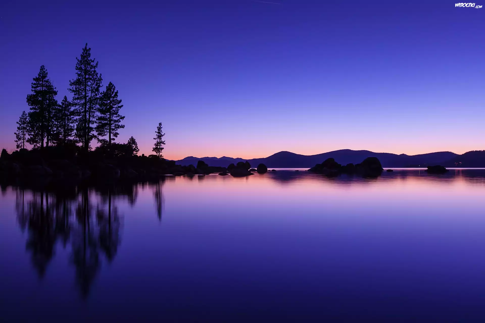 Jezioro, Drzewa, Góry, Noc, Tahoe, Kalifornia