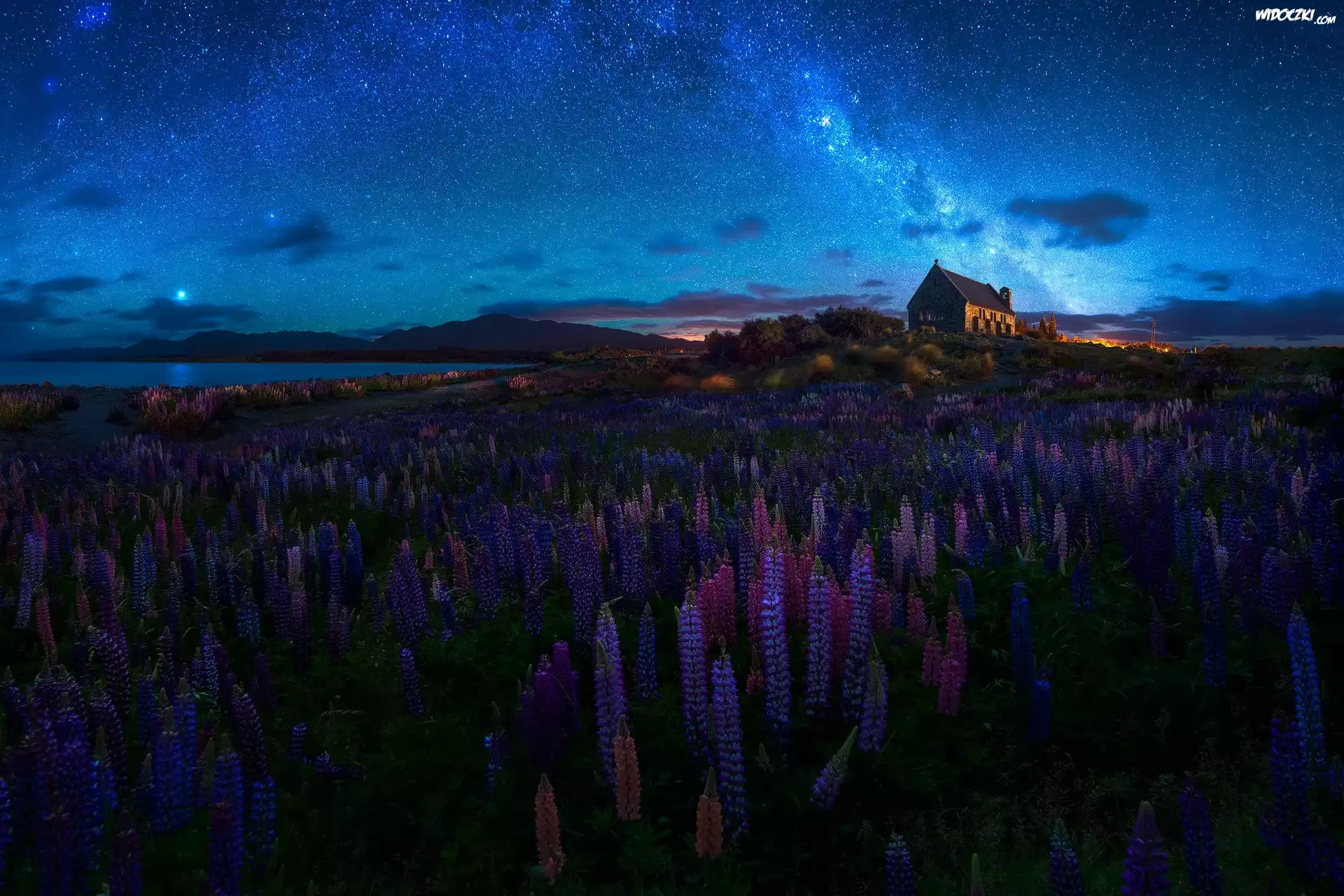 Jezioro Tekapo, Łąka, Łubin, Kościół Dobrego Pasterza, Church of the Good Shepherd, Noc, Gwiazdy, Wyspa Południowa, Nowa Zelandia