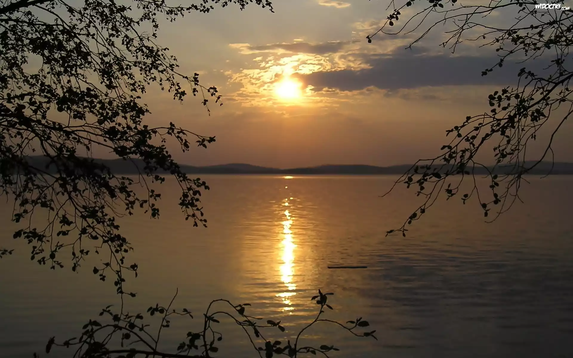 Jezioro, Drzewa, Góry, Zachód, Słońca