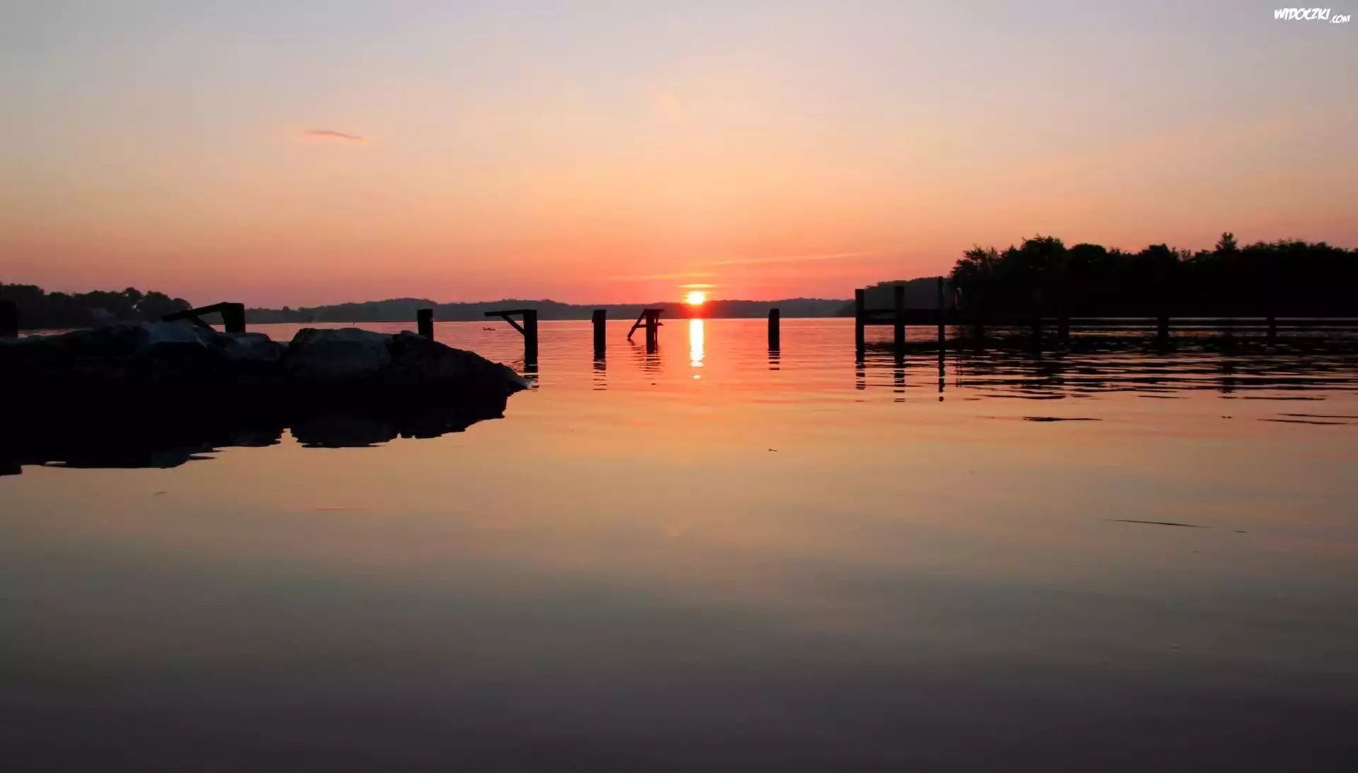 Jezioro, Molo, Zachód, Słońca