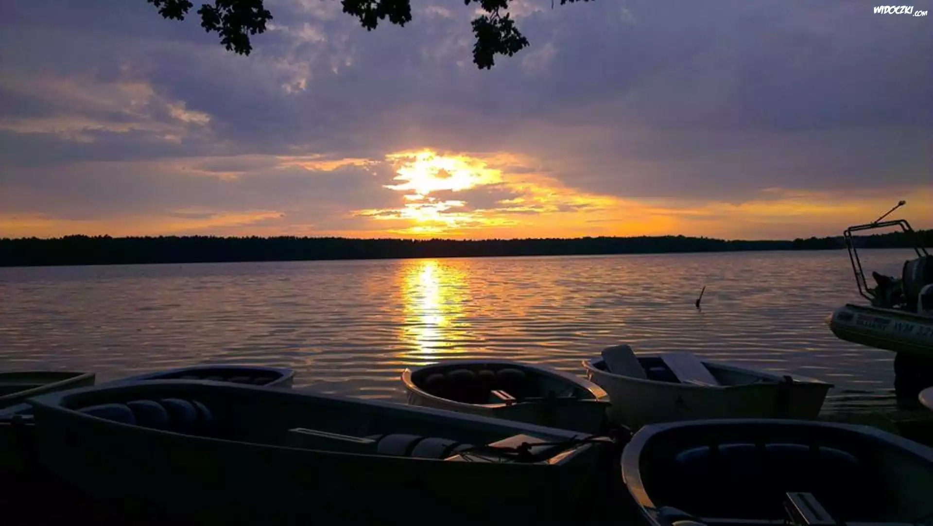 Jezioro, Łódki, Zachód Słońca