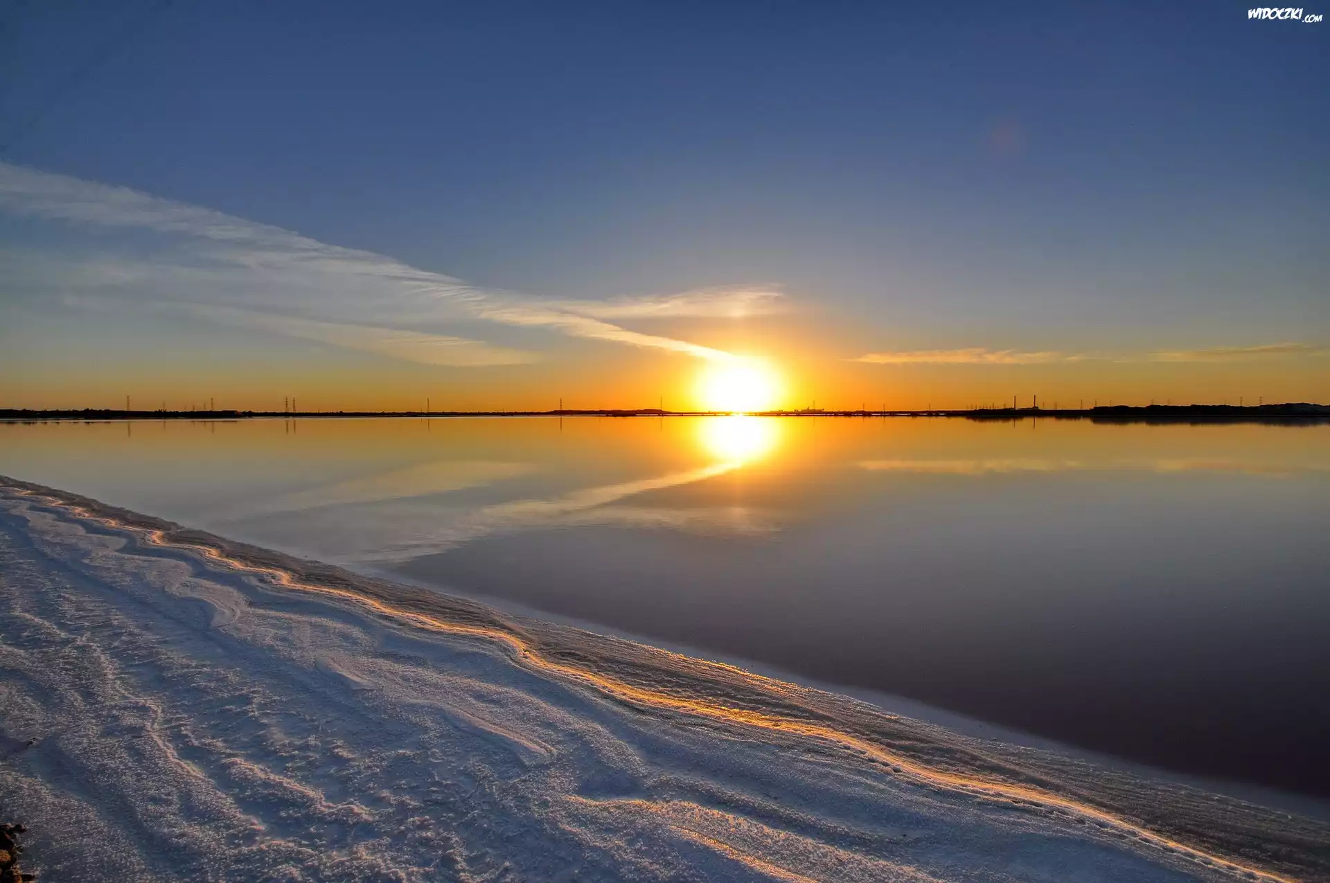 Jezioro, Plaża, Zachód, Słońca
