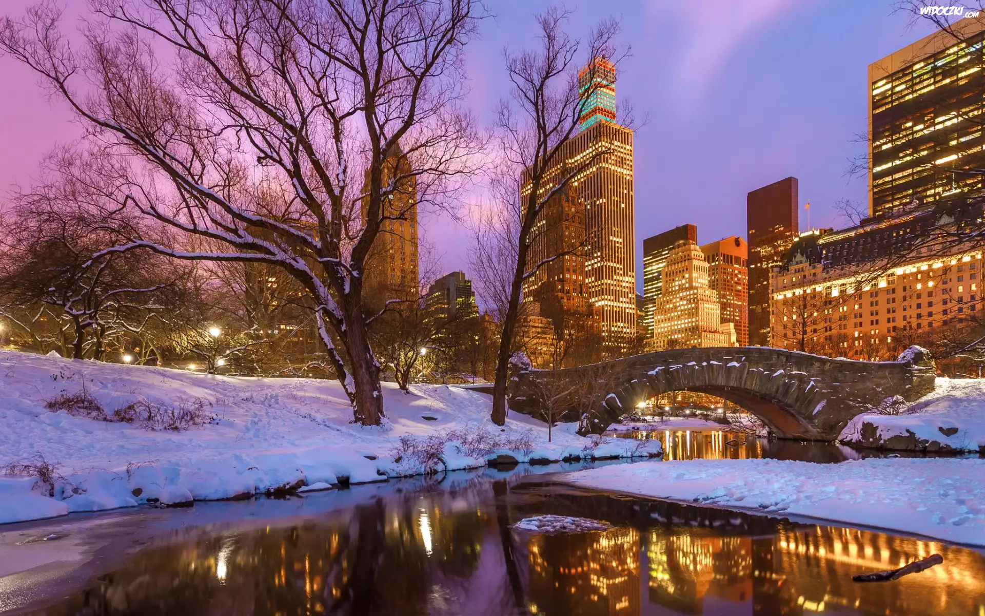 Nowy Jork, Central Park, Manhattan, Zima, Mostek, Domy