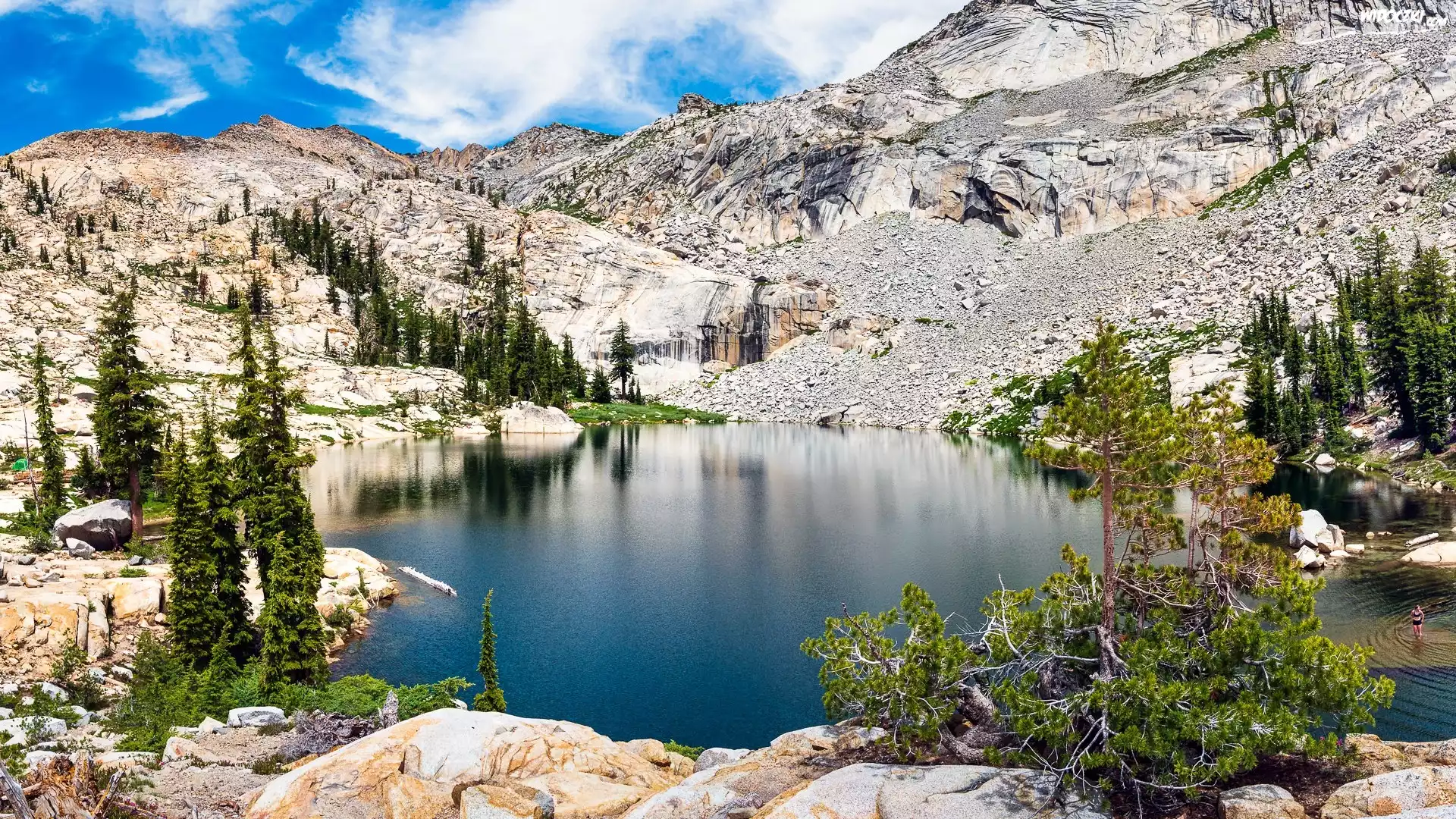 Góry, Sierra Nevada Mountains, Jezioro, Lyons Lake, Drzewa, Sosny, Kalifornia, Stany Zjednoczone