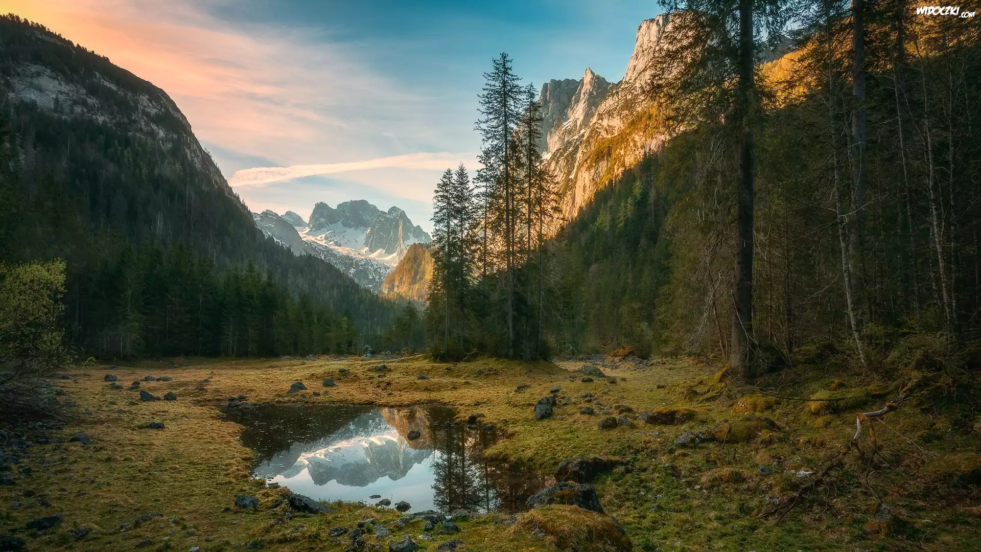 Góry, Las, Drzewa, Kałuża, Kamienie, Wschód słońca