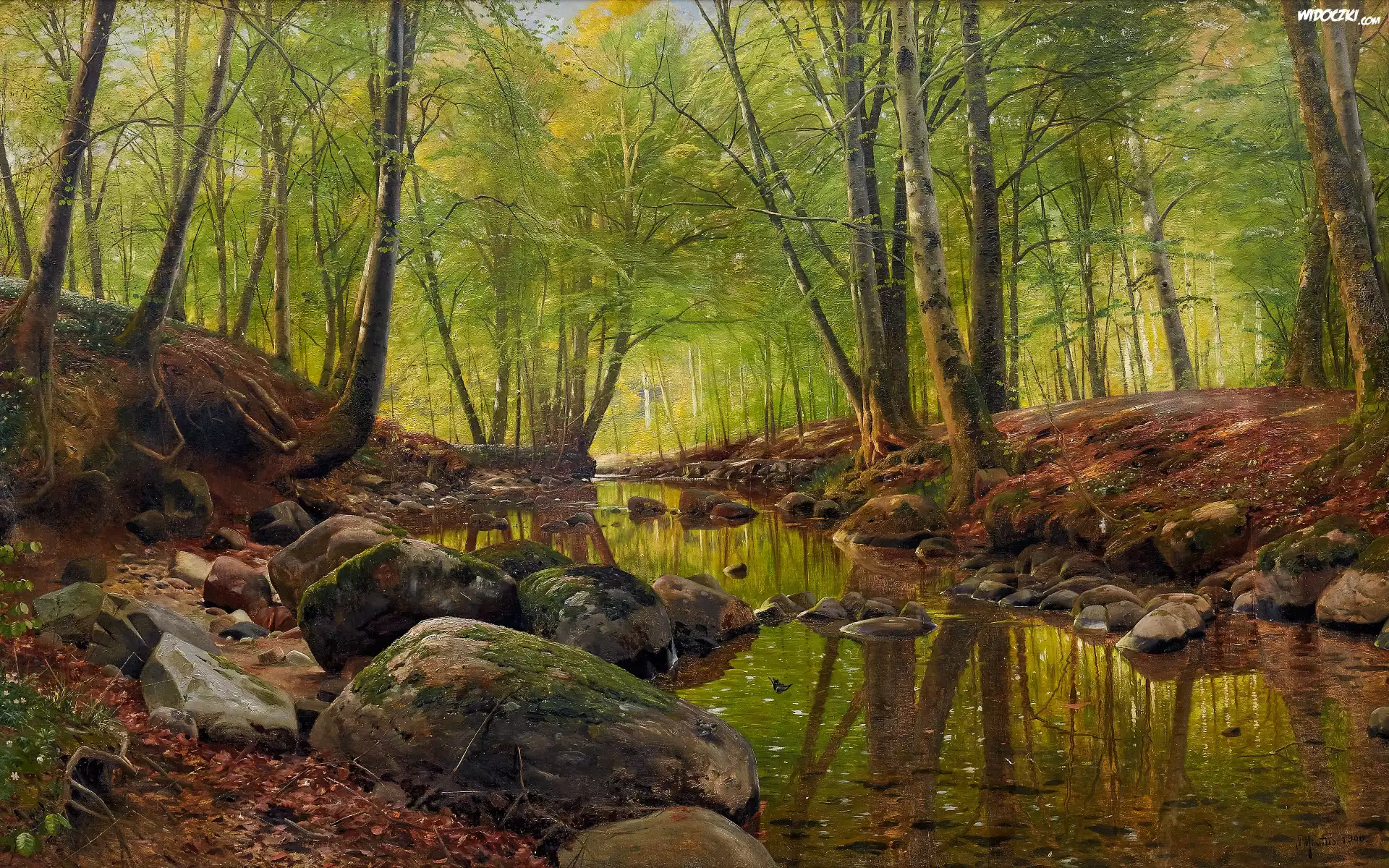 Obraz, Malarstwo, Peder Mork Monsted, Rzeka, Las, Drzewa, Kamienie