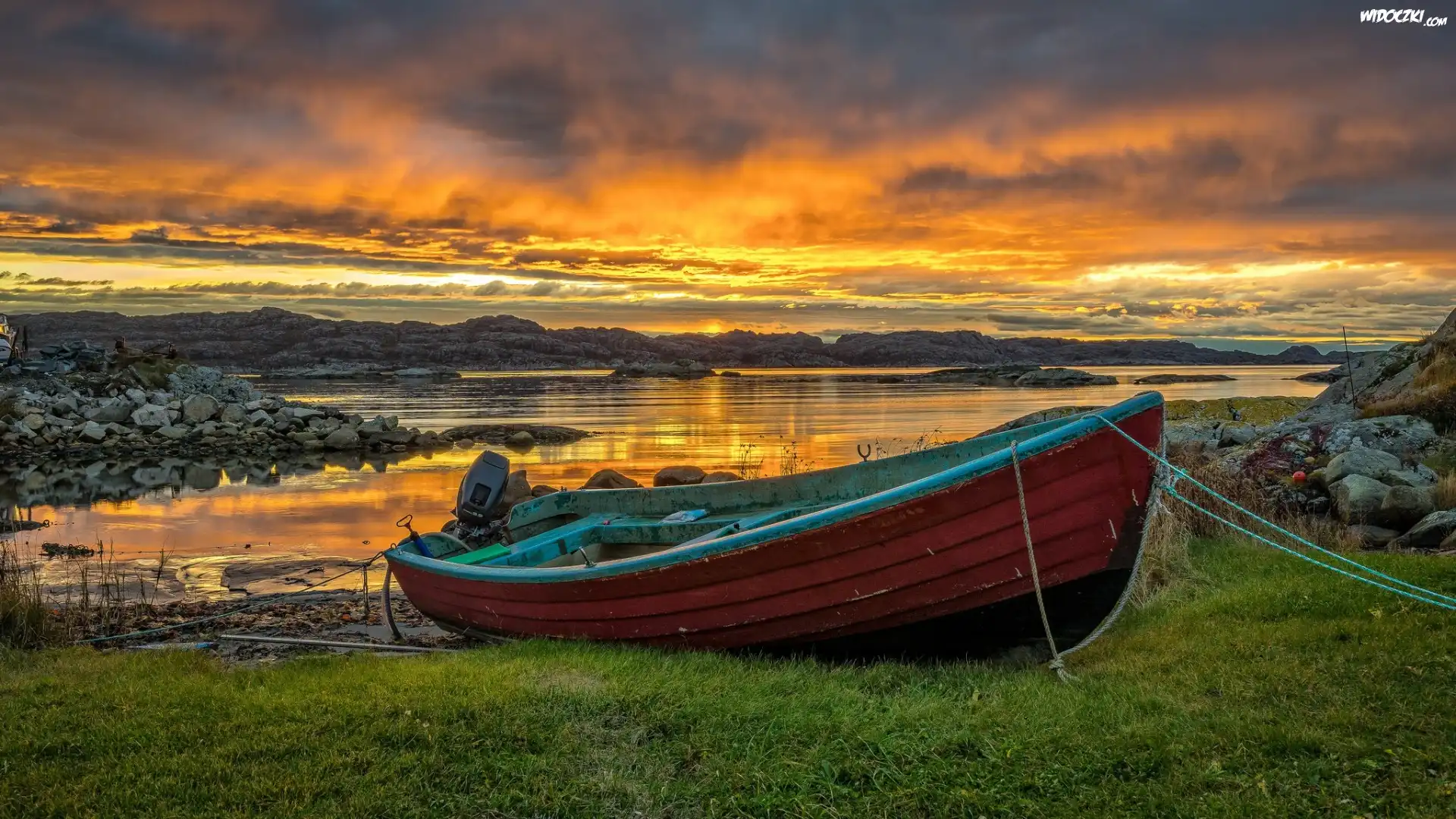 Norwegia, Okręg Rogaland, Zachód słońca, Morze Północne, Łódka, Kamienie