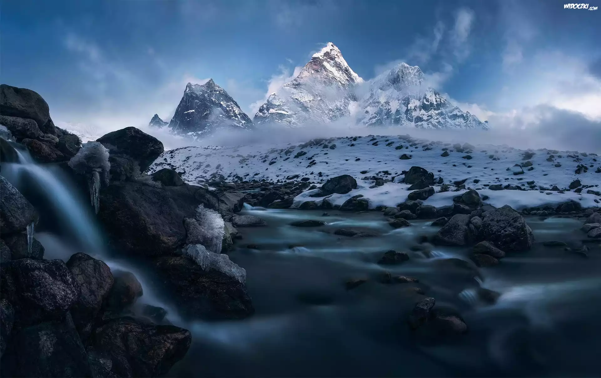 Nepal, Himalaje, Szczyt Ama Dablam, Zima, Góry, Rzeka, Kamienie