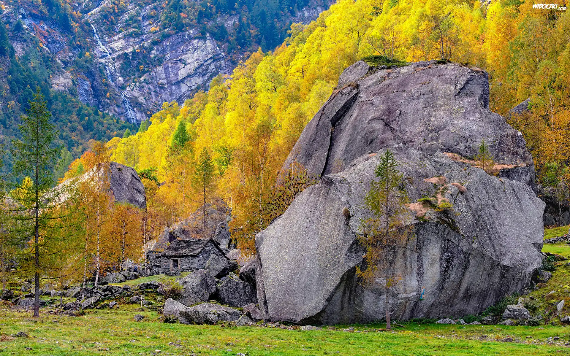 Góry, Alpy, Jesień, Drzewa, Skała, Kamienny, Dom, Dolina Calnegia, Kanton Ticino, Szwajcaria
