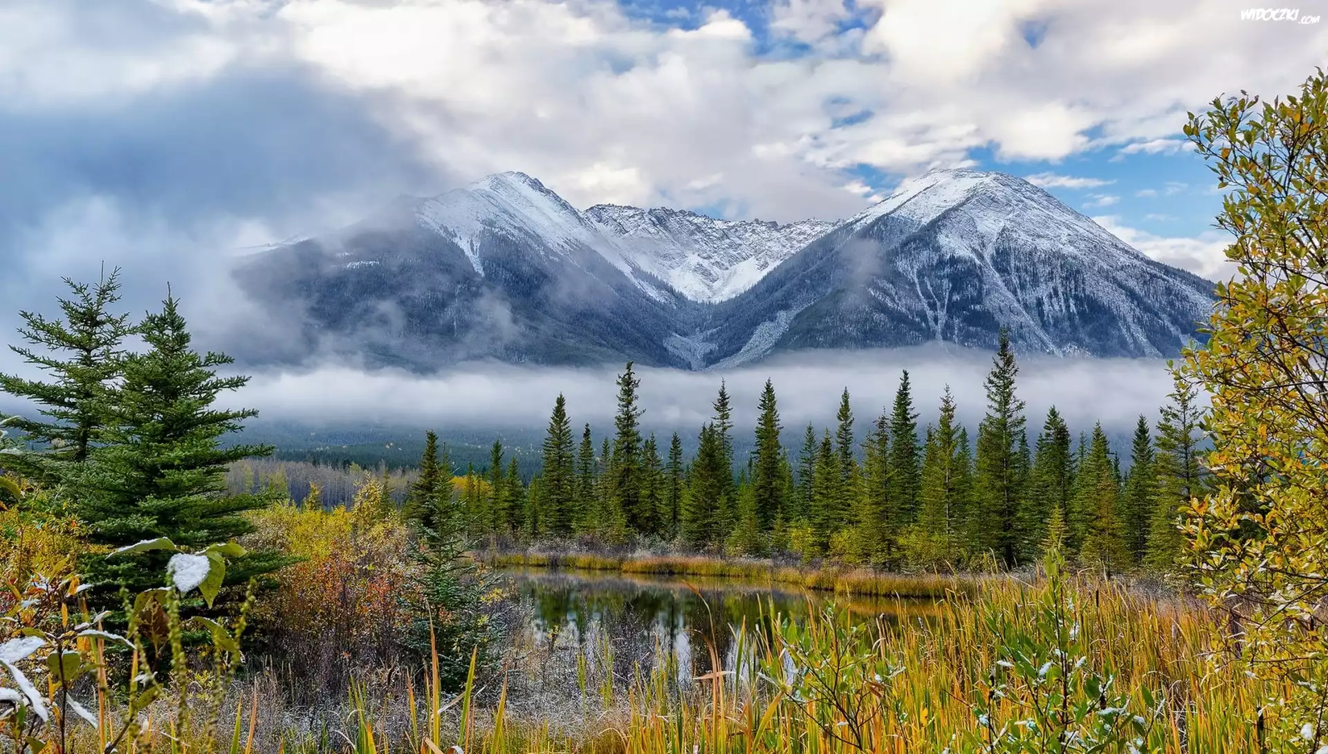 Kanada, Park Narodowy Banff, Jezioro Vermilion, Góry, Pasmo Sundance Range, Mgła, Chmury, Drzewa