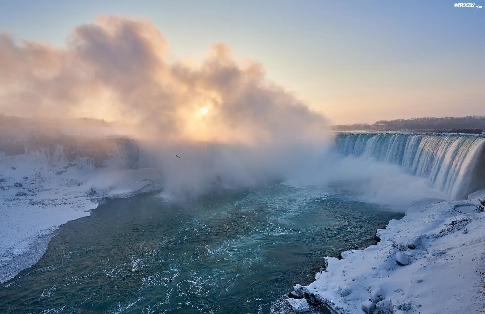 Zima, Wschód słońca, Chmury, Wodospad Niagara, Prowincja Ontario, Kanada