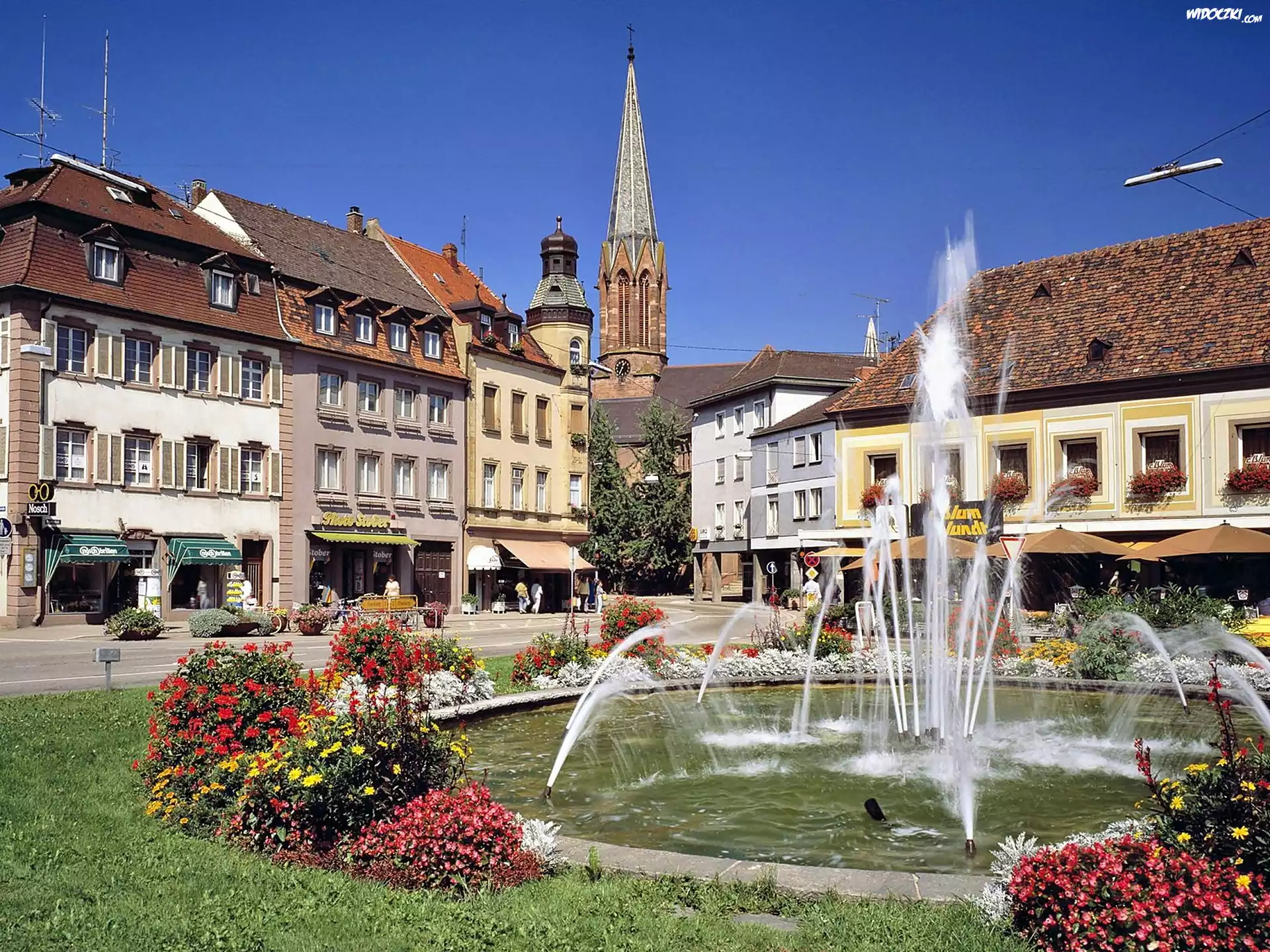 Kolorowe, Kamieniczki, Kościół, Rynek, Fontanna