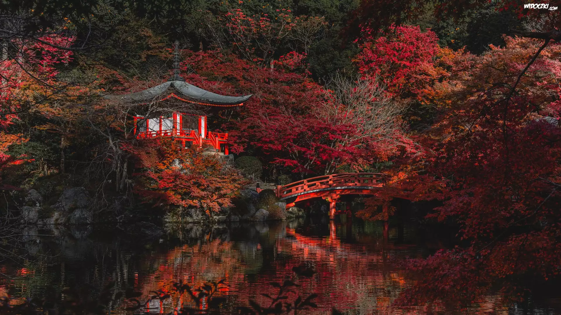 Japonia, Kioto, Świątynia, Bentendo Temple, Kompleks Daigo-ji, Drzewa, Mostek, Jesień, Odbicie