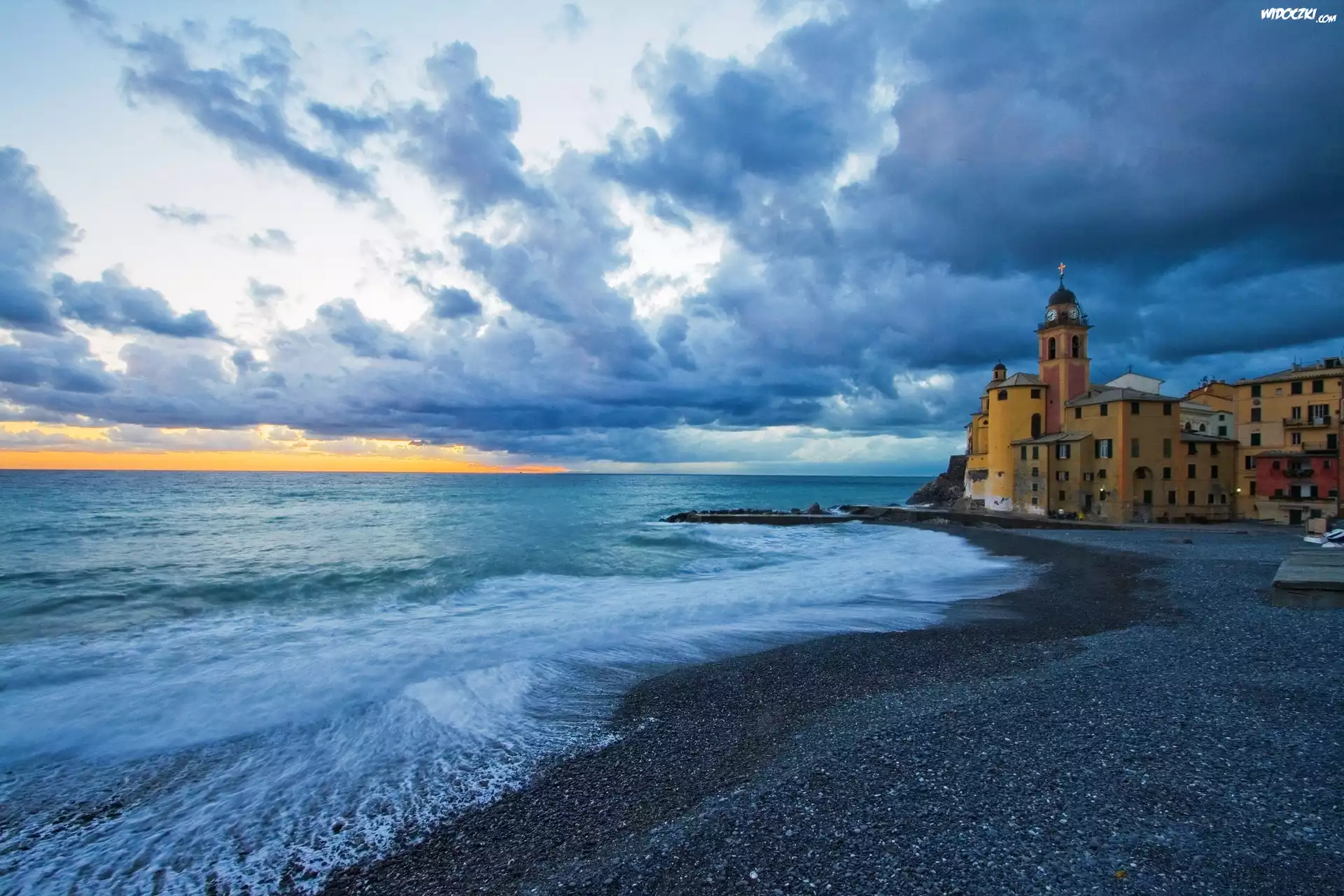 Kościół, Morze, Chmury, Camogli, Liguria, Włochy