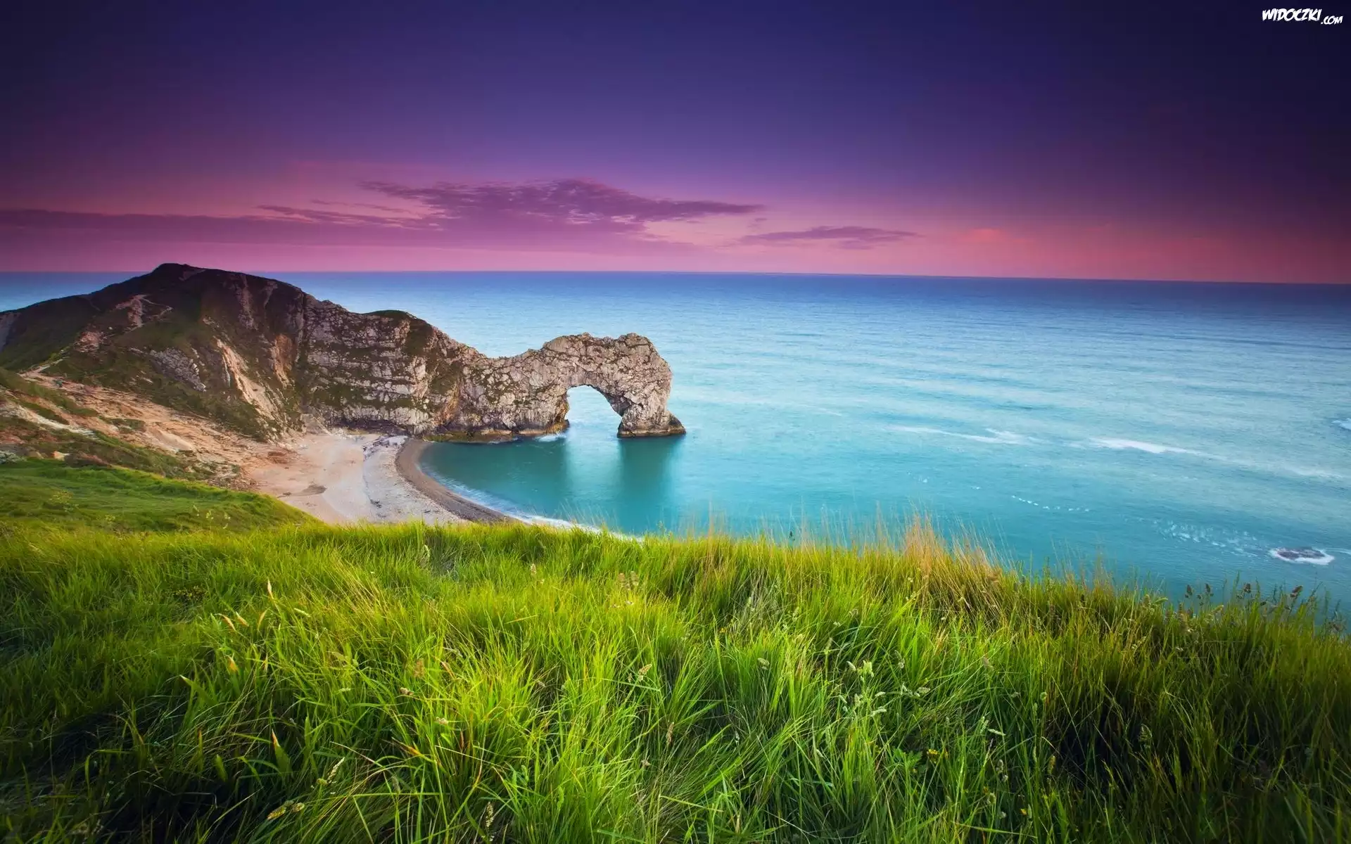 Krajobraz, morze, plaża, wzgórza, trawy