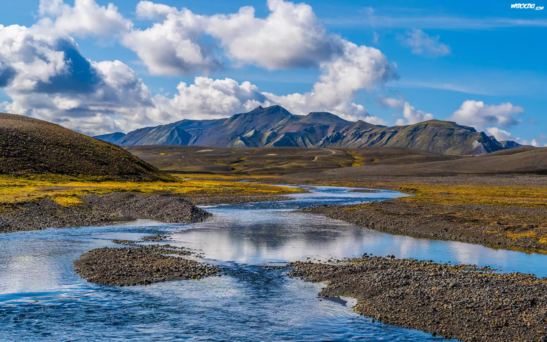Islandia, Landmannalaugar, Góry, Kręta, Rzeka, Chmury