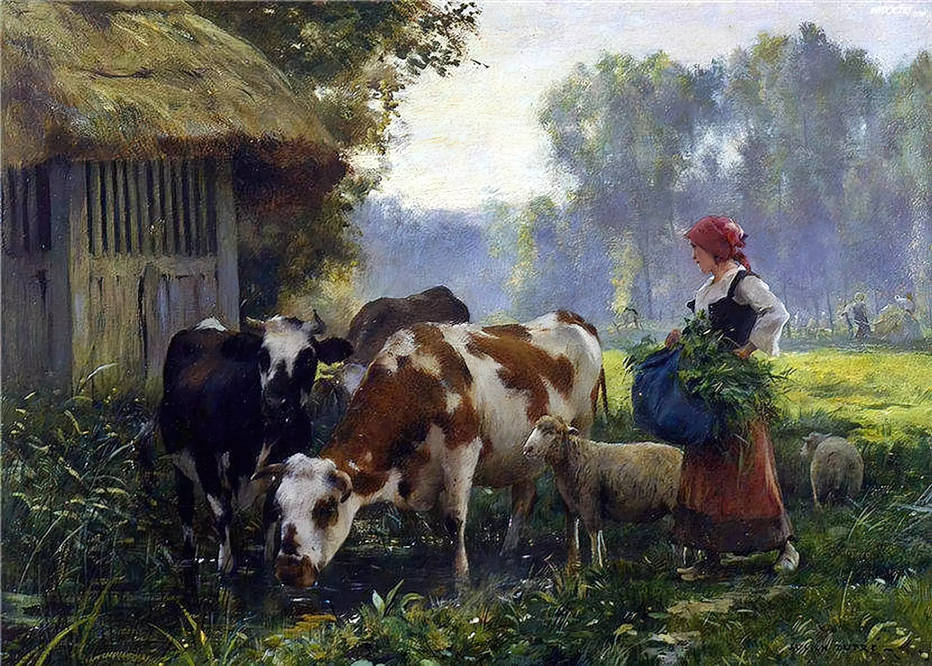 Krowy, Owce, Las, Łąka