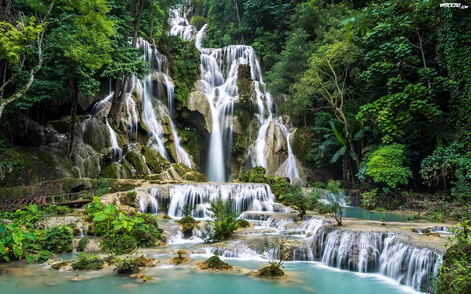 Wodospad Kuang Si, Drzewa, Kaskada, Prowincja Louangphrabang, Laos