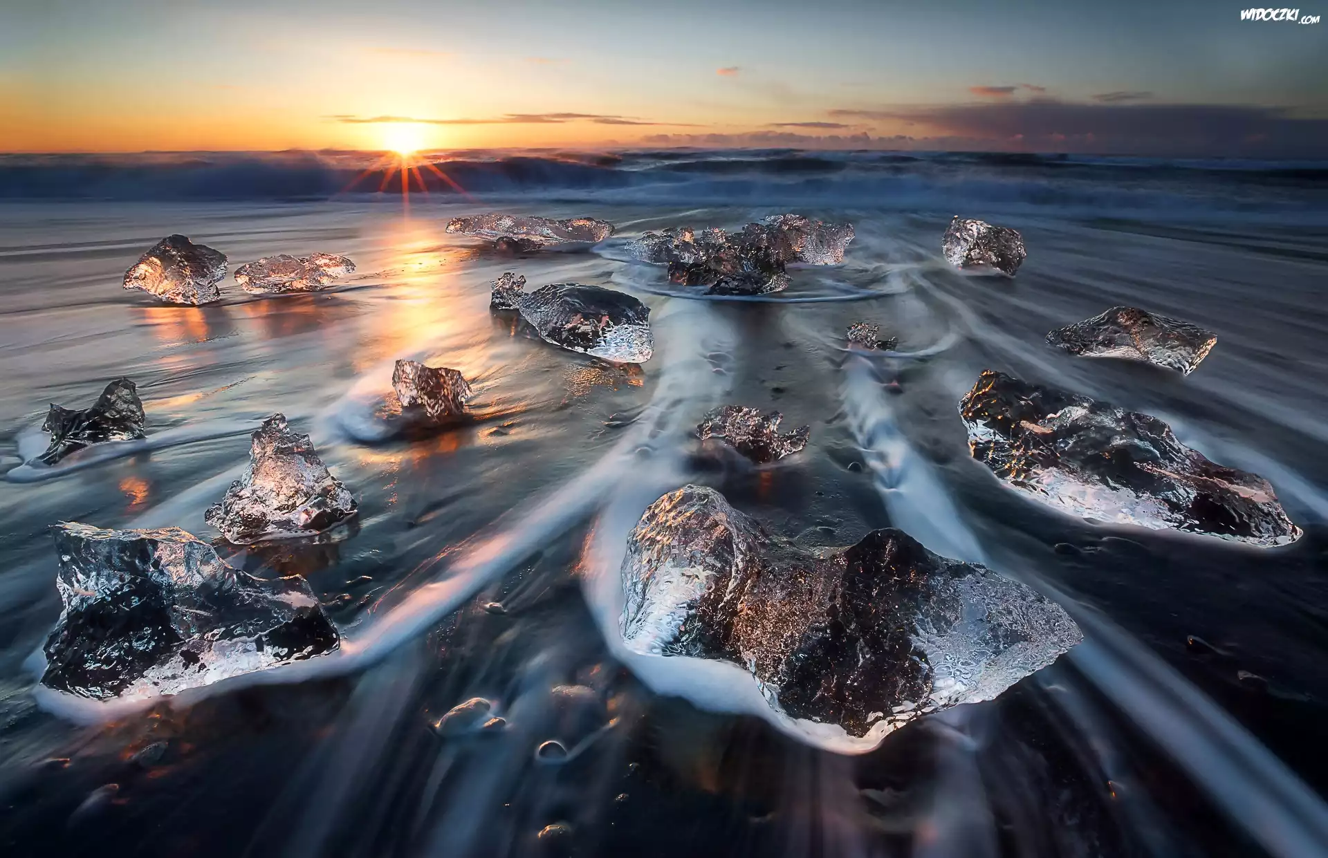 Islandia, Morze, Lód, Fale, Wschód Słońca, Park Narodowy Vatnajökull