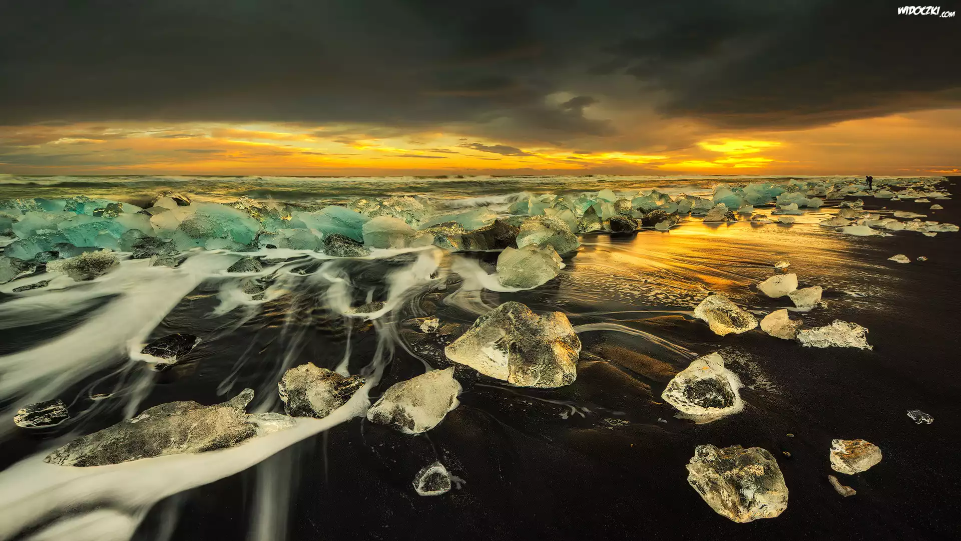 Islandia, Laguna Lodowcowa Jökulsárlón, Diamond Beach, Plaża, Bryły, Lód, Zachód słońca, Morze