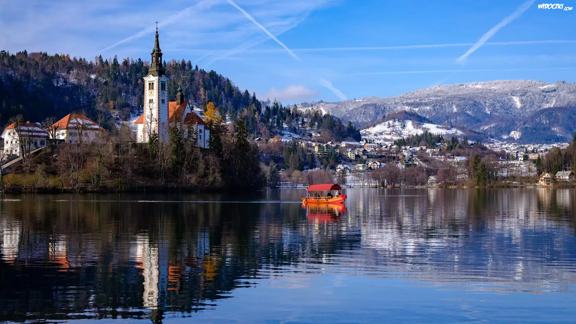 Góry, Alpy Julijskie, Kościół Zwiastowania Marii Panny, Łódka, Jezioro, Lake Bled, Słowenia