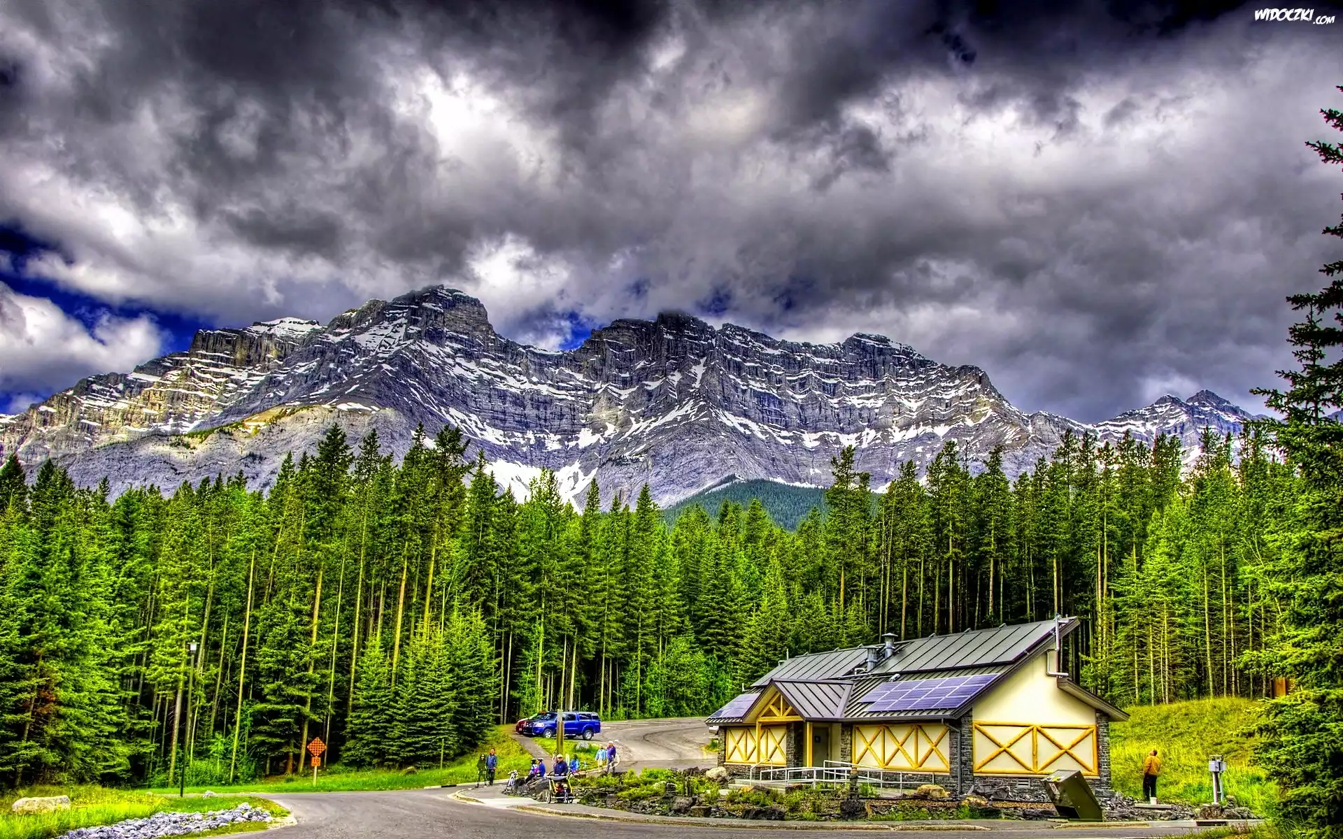 Góry, Las, Droga, Dom, Chmury, Park, Narodowy, Banff