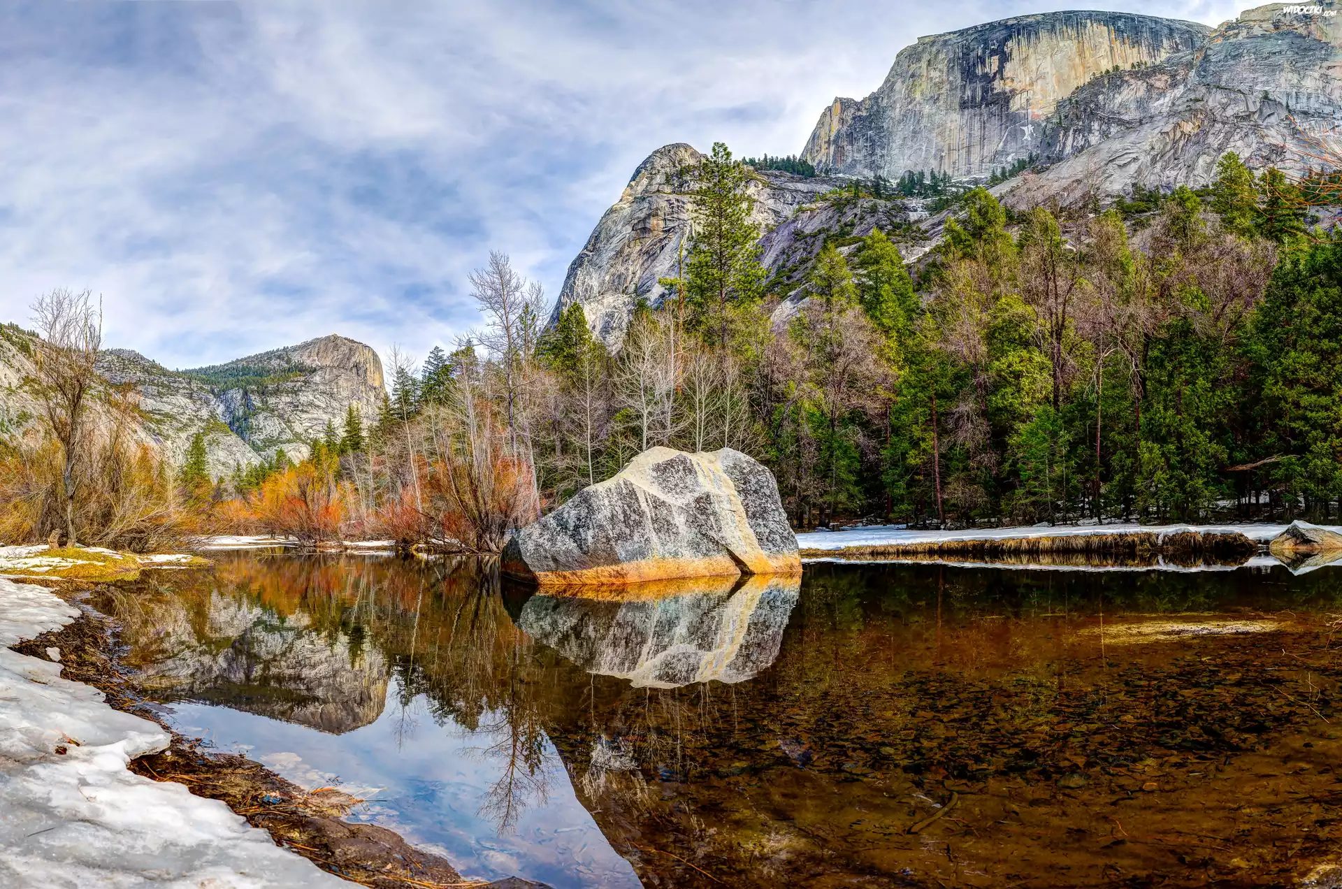 Góry, Las, Rzeka, Park Narodowy, Yosemite, Kalifornia