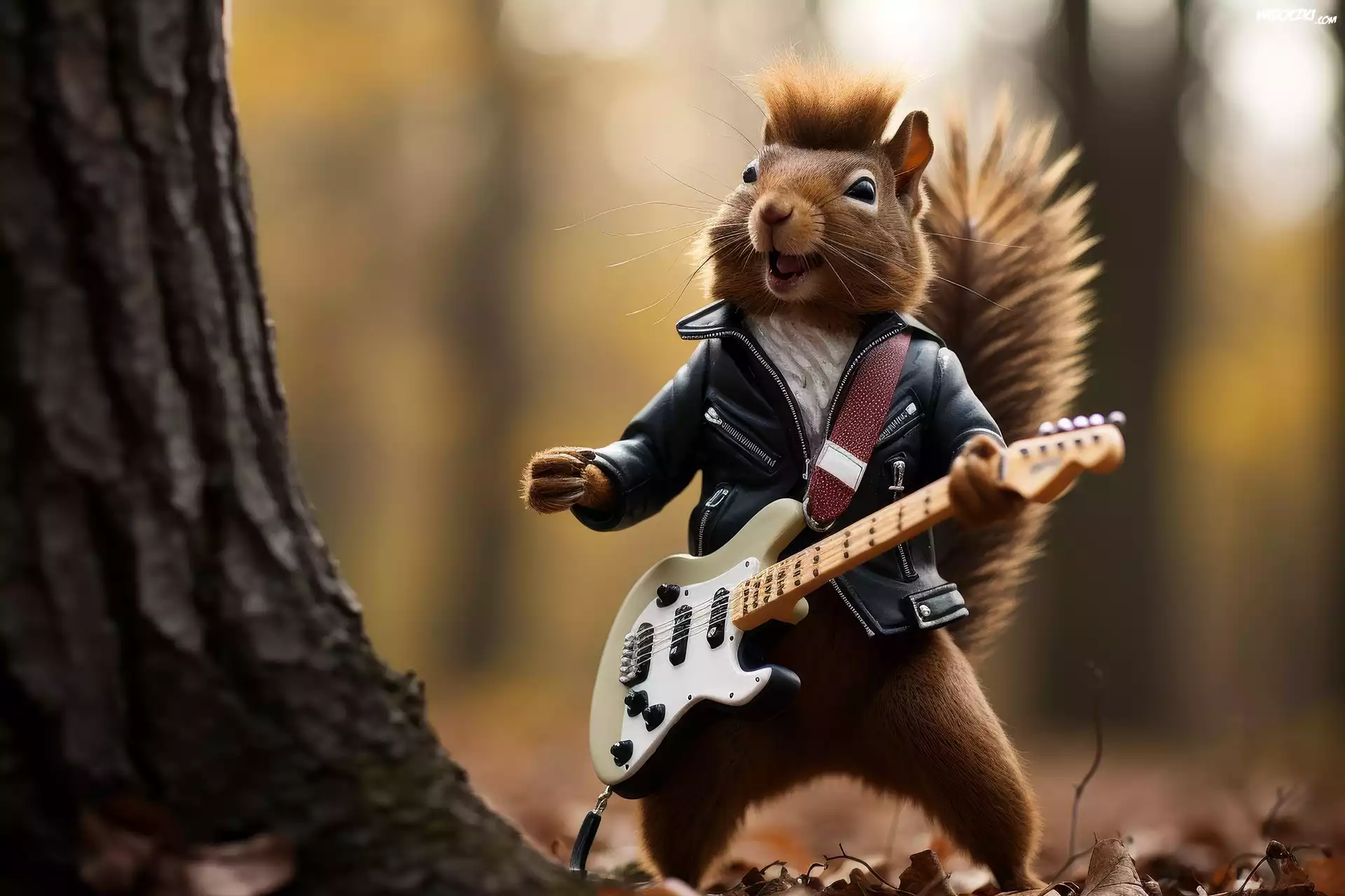 Wiewiórka, Muzyk, Gitara, Las, Śmieszne, Grafika