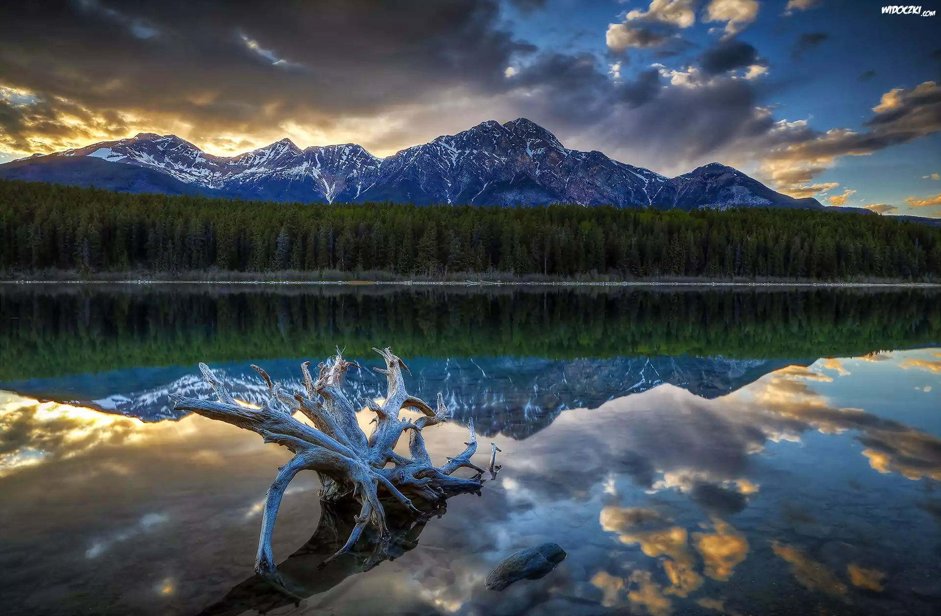 Kanada, Prowincja Alberta, Park Narodowy Jasper, Góry, Las, Chmury, Jezioro Patricia Lake
