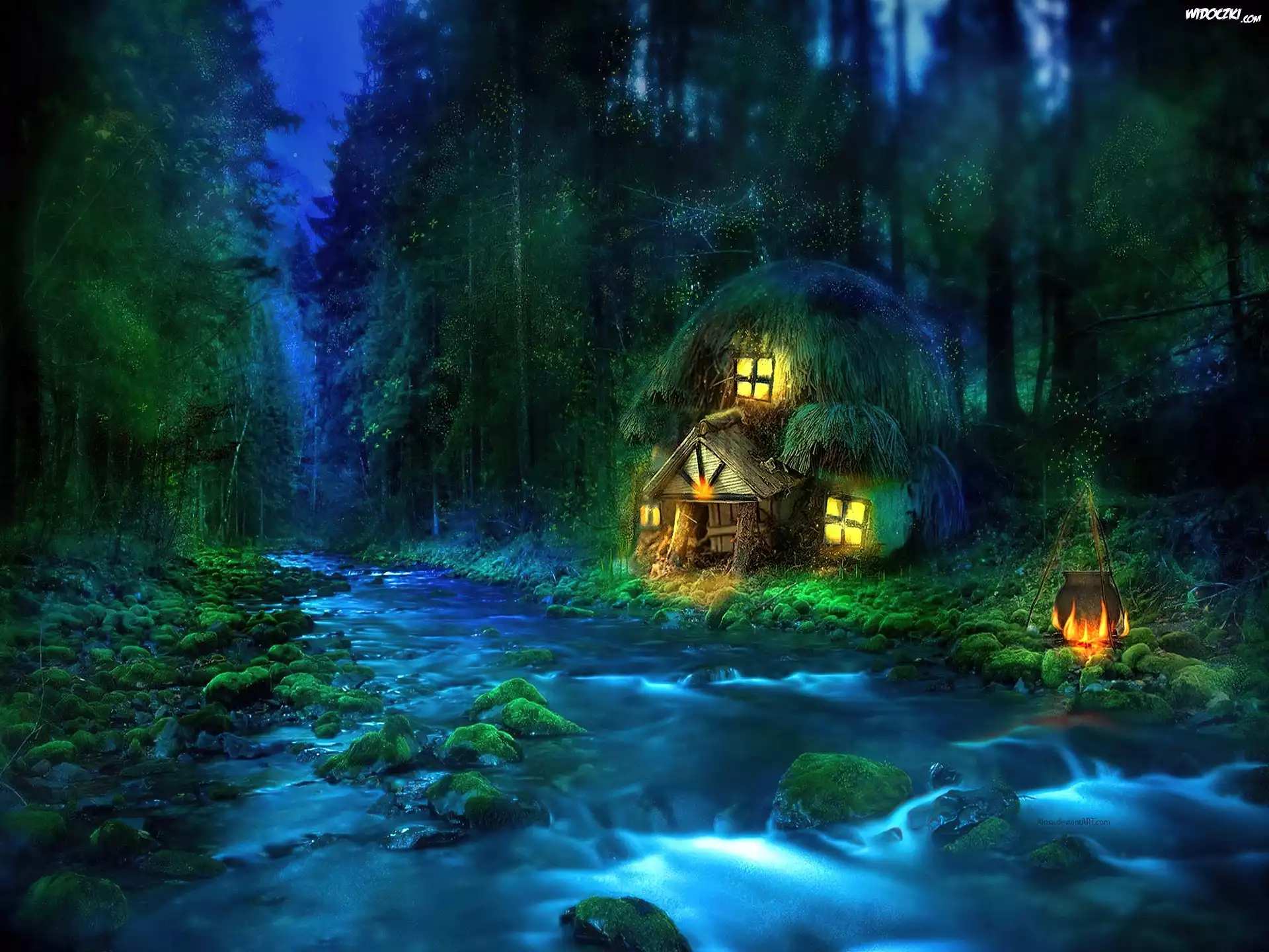 Las, Domek, Woda, Noc, Fantasy