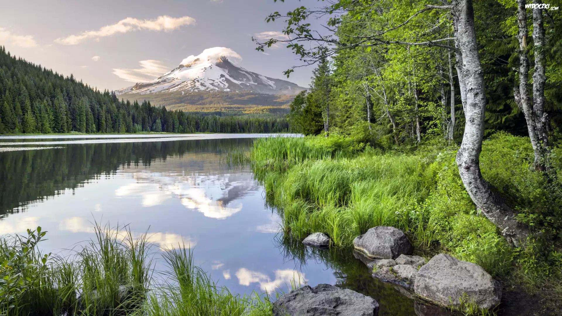 Stany Zjednoczone, Oregon, Stratowulkan, Mount Hood, Las, Trawa, Drzewa, Chmury, Góry, Jezioro, Odbicie, Kamienie, Brzeg