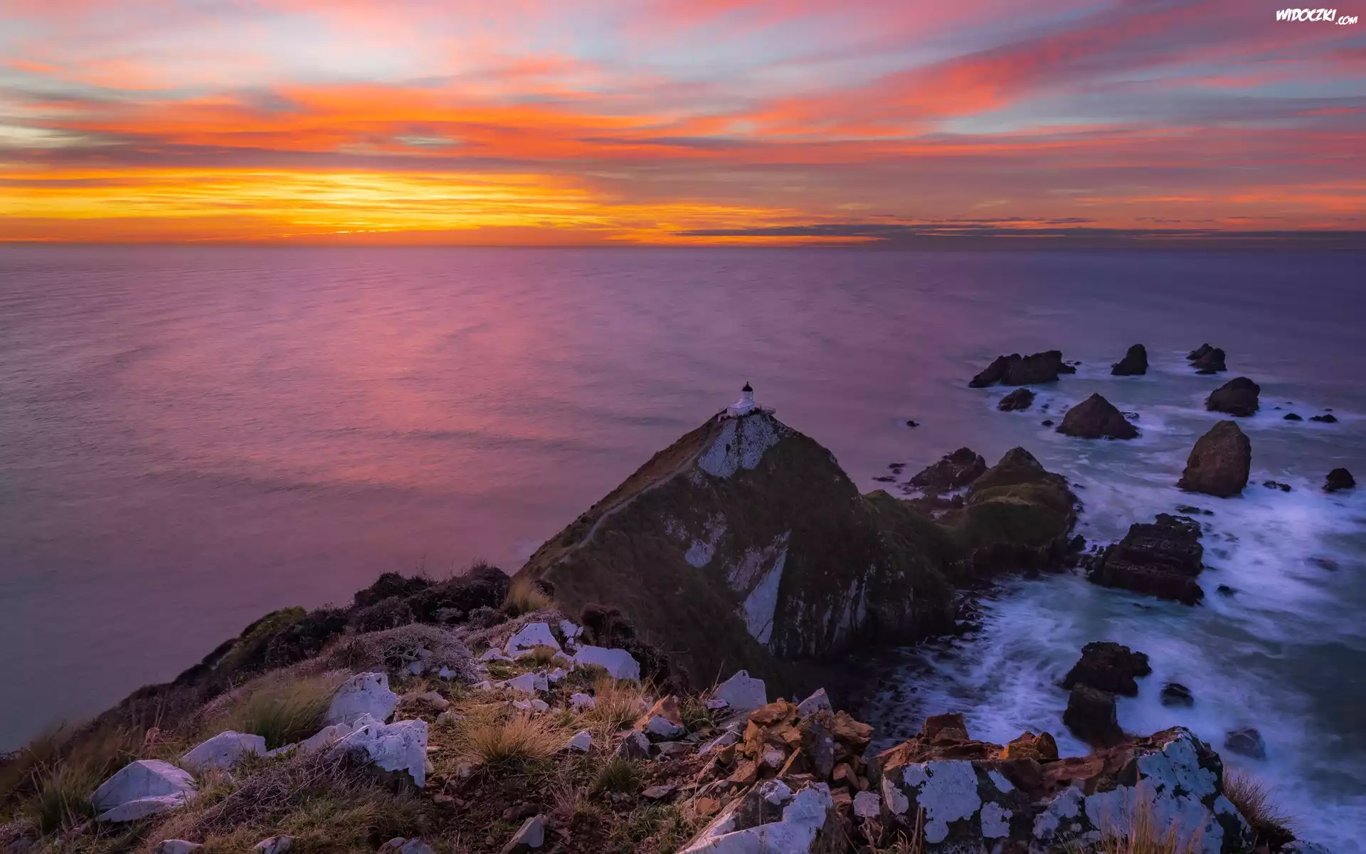 Latarnia morska Nugget Point, Morze, Skały, Region Otago, Nowa Zelandia