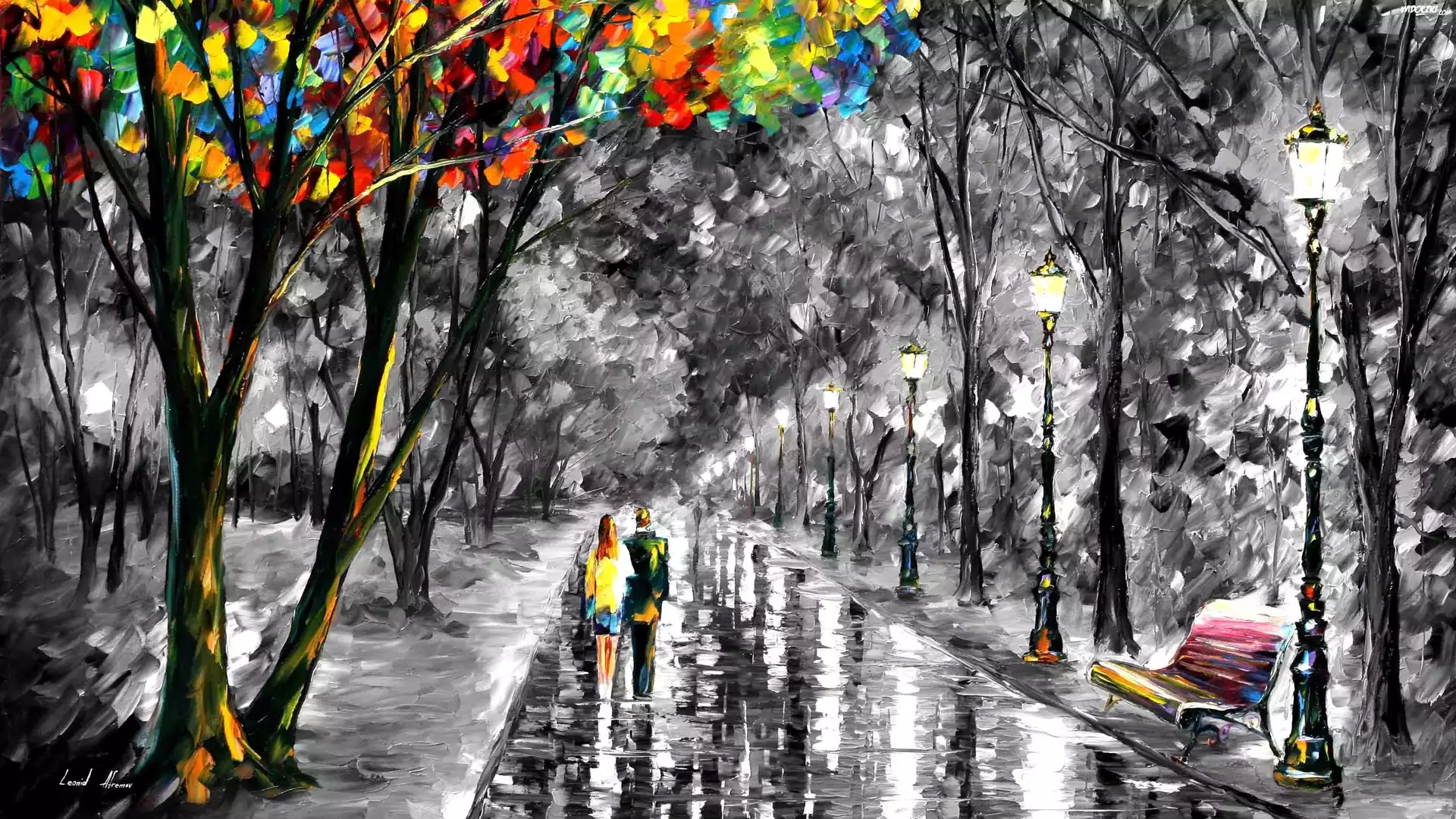 Malarstwo, Leonid Afremov, Aleja, Park, Latarnie, Ławka, Ludzie