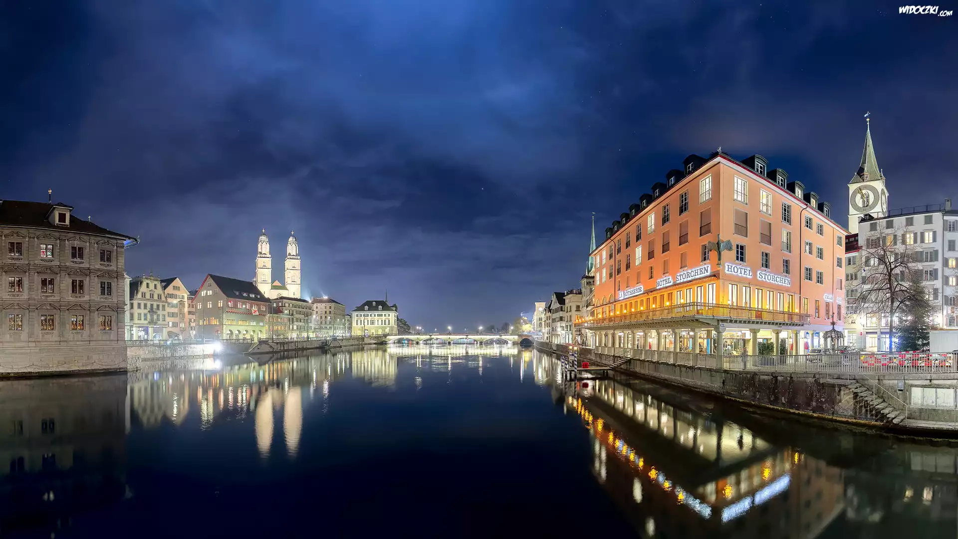 Rzeka Limmat, Zurich, Most, Oświetlone, Budynki, Noc, Szwajcaria