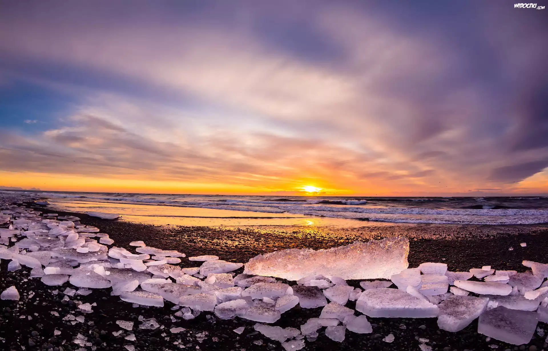 Islandia, Laguna Jökulsárlón, Morze, Zachód słońca, Lód