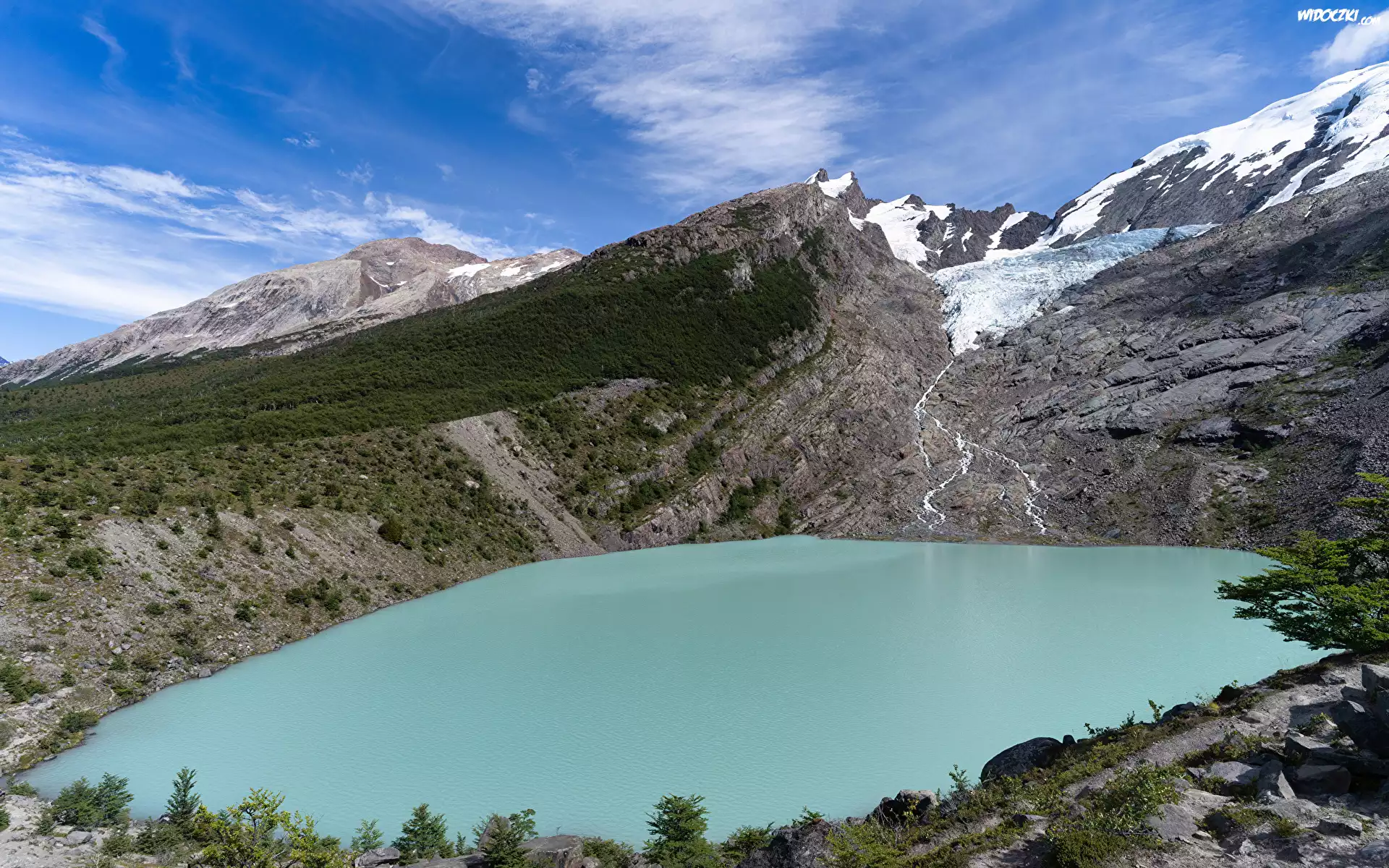Argentyna, Prowincja Santa Cruz, Jezioro, Lago del Desierto, Lodowiec, Huemul Glacier, Góry, Śnieg, Niebo